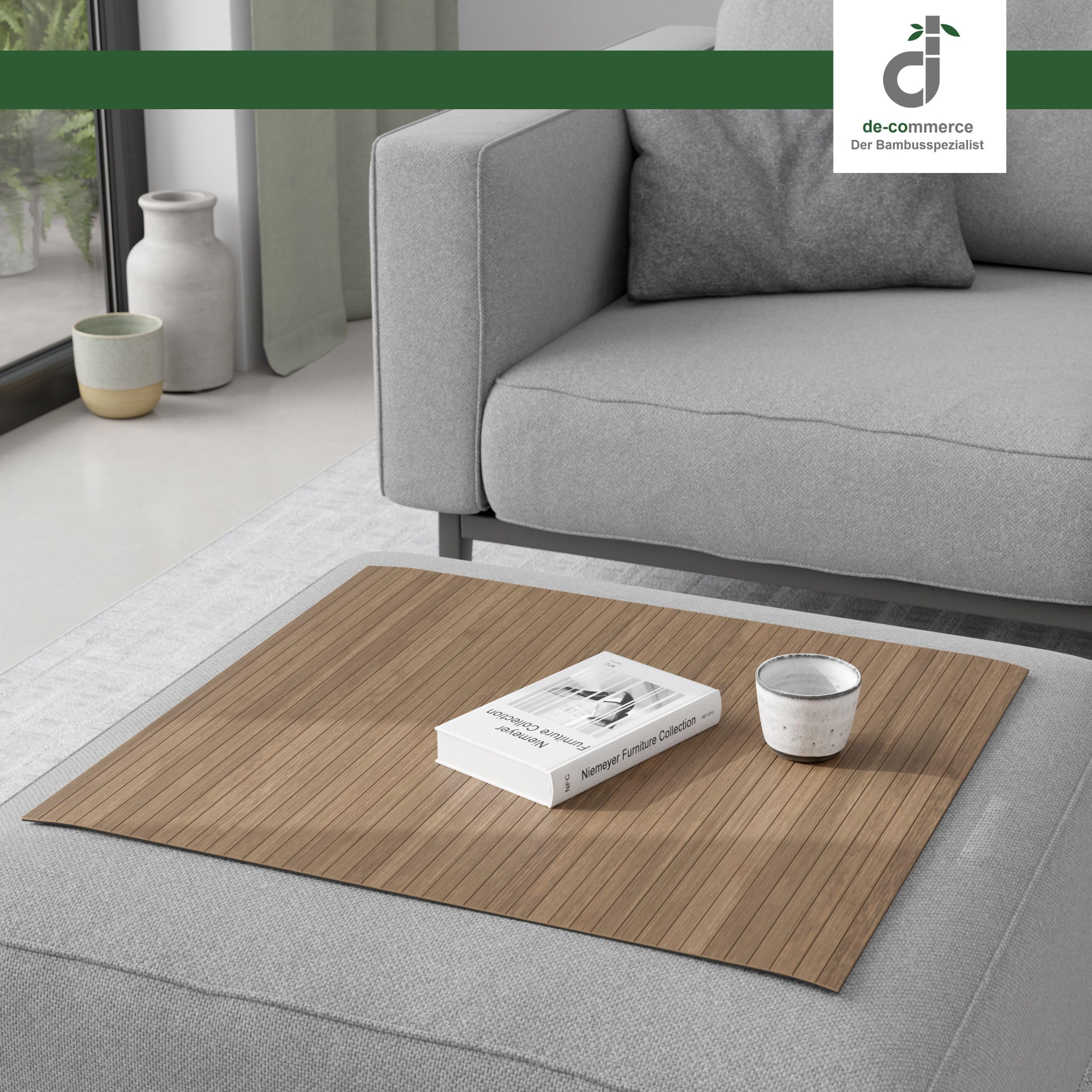 DE-COmmerce Couchablage aus Bambus, Sofatablett, Couchtablett, Armlehne, Getränkehalter, Flexablage Taupe 30 x 50 cm