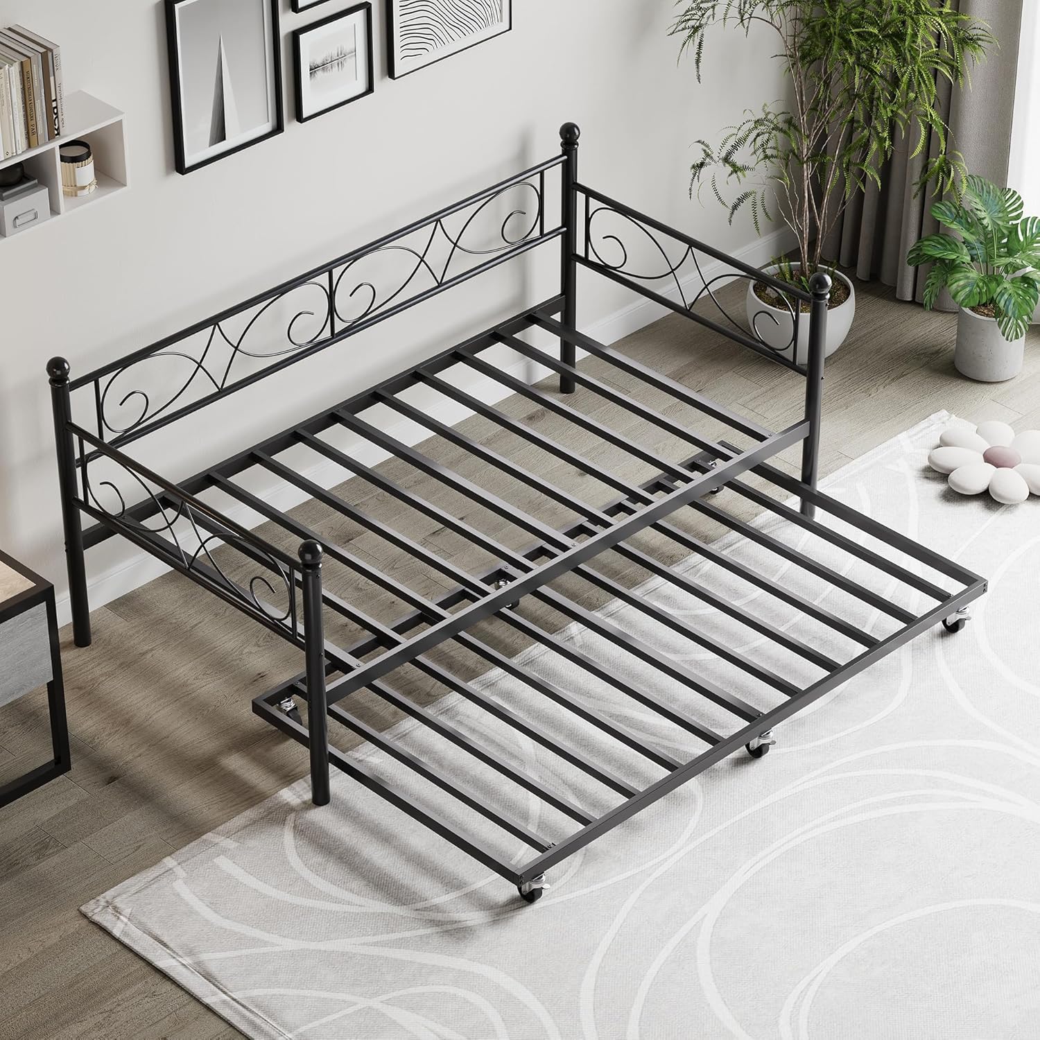 GarveeHome Daybed with Trundle Bed, Twin Size Day Bed with Floral Headboard, Metal Sofa Bed Frame with Pull-Out Trundle, Heavy Duty Steel Slats Supports, for Living Room, Guest Room, Black