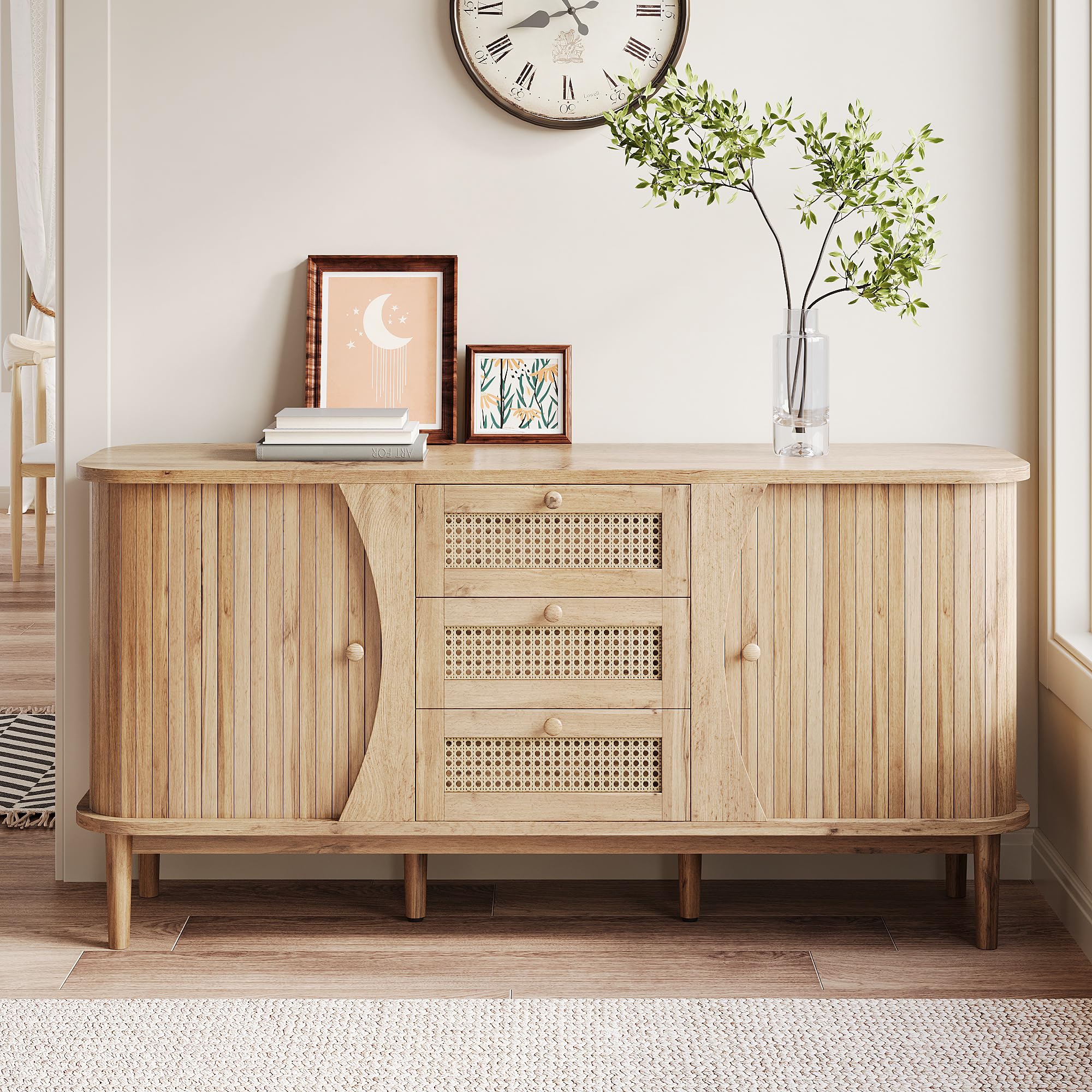 Credenza con 3 cassetti in rattan e ante scorrevoli, ripiani regolabili in altezza e angoli arrotondati, cassettiera per soggiorno, camera da letto e corridoio, grande spazio di archiviazione