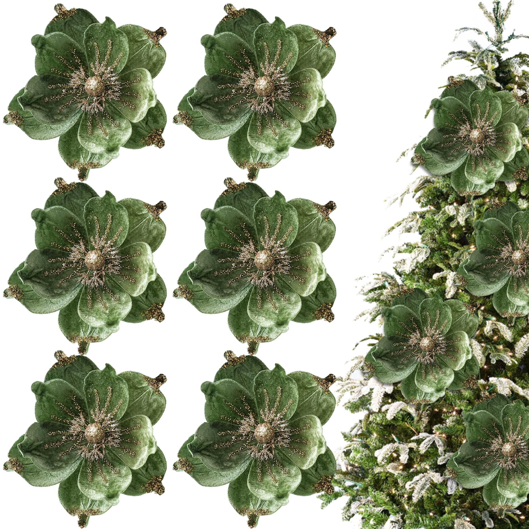 Fleurs de Magnolia pour Arbre de Noël Paillettes Vertes - Lot de 6 Pièces Festives