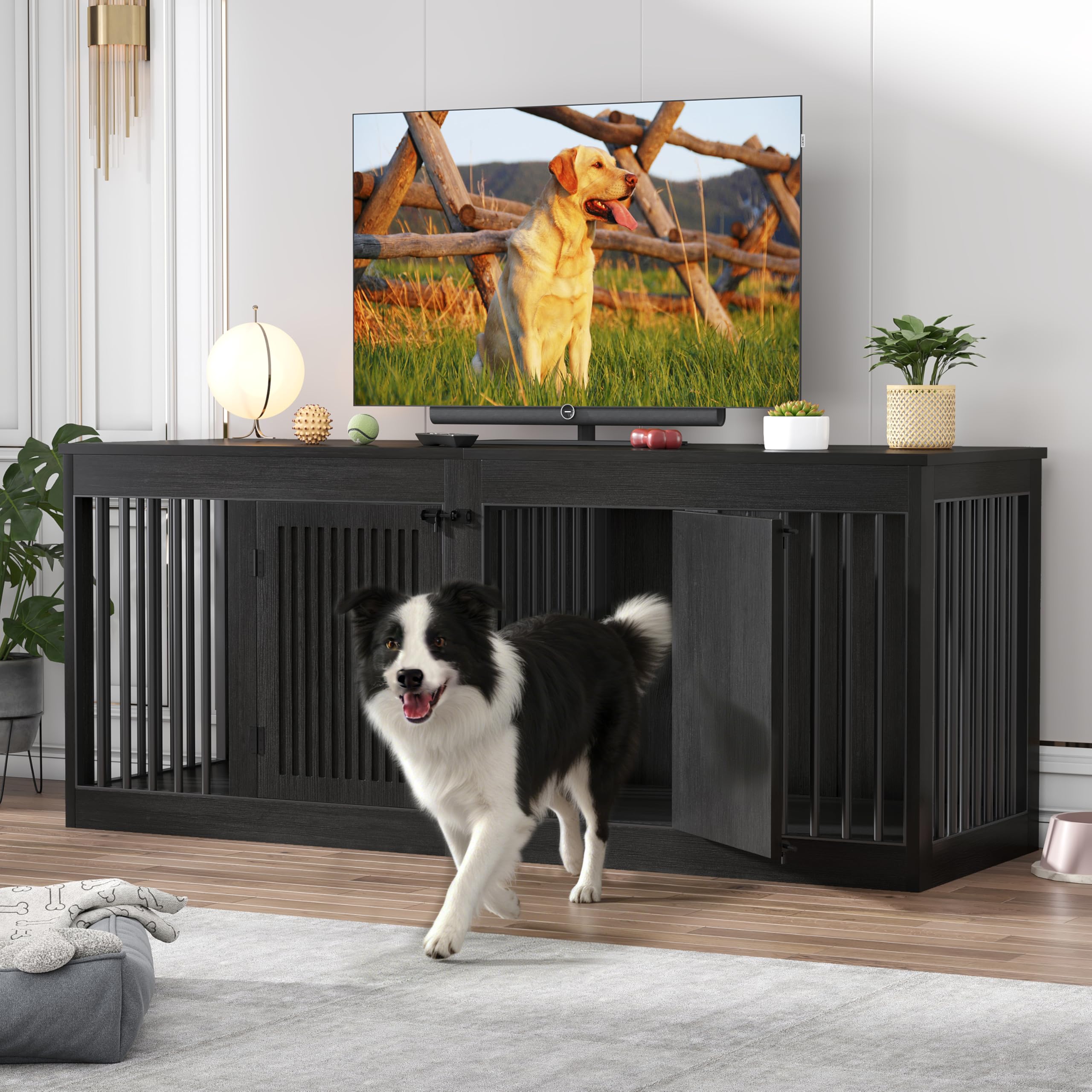 Hundekäfig Möbel für 2 Groß Hunde, 183cm Übergroß Hundebox für Zuhause mit Abnehmbare Trennwand und 2 Türen, Indoor Holz Hundekäfig als Beistelltisch & TV Schrank, 183x60x75cm, Dunkelgrau