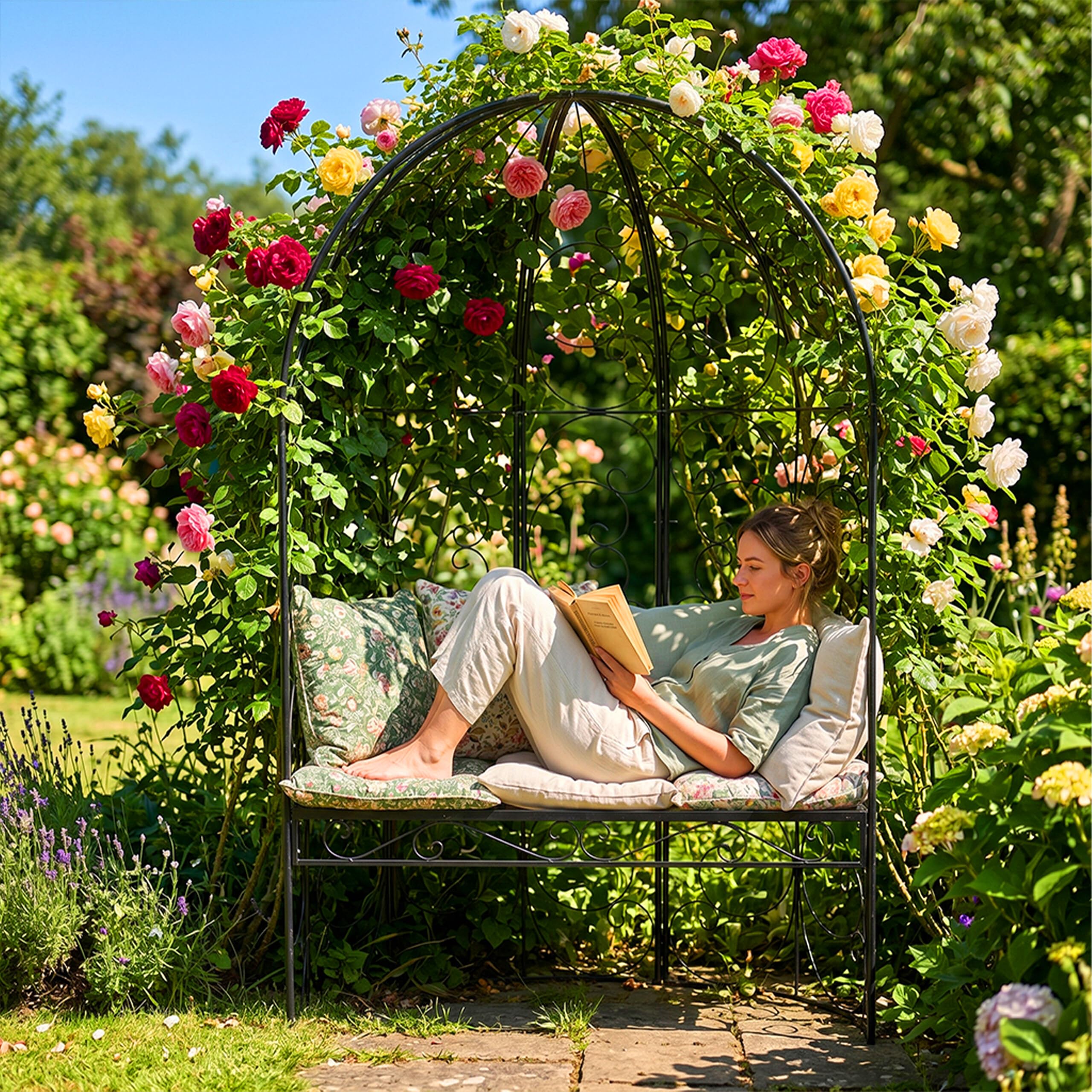 Panchina da Giardino Relaxdays con Arco per rampicanti, Portata 240 kg, A x L x P 178 x 120 x 58 cm, Nero