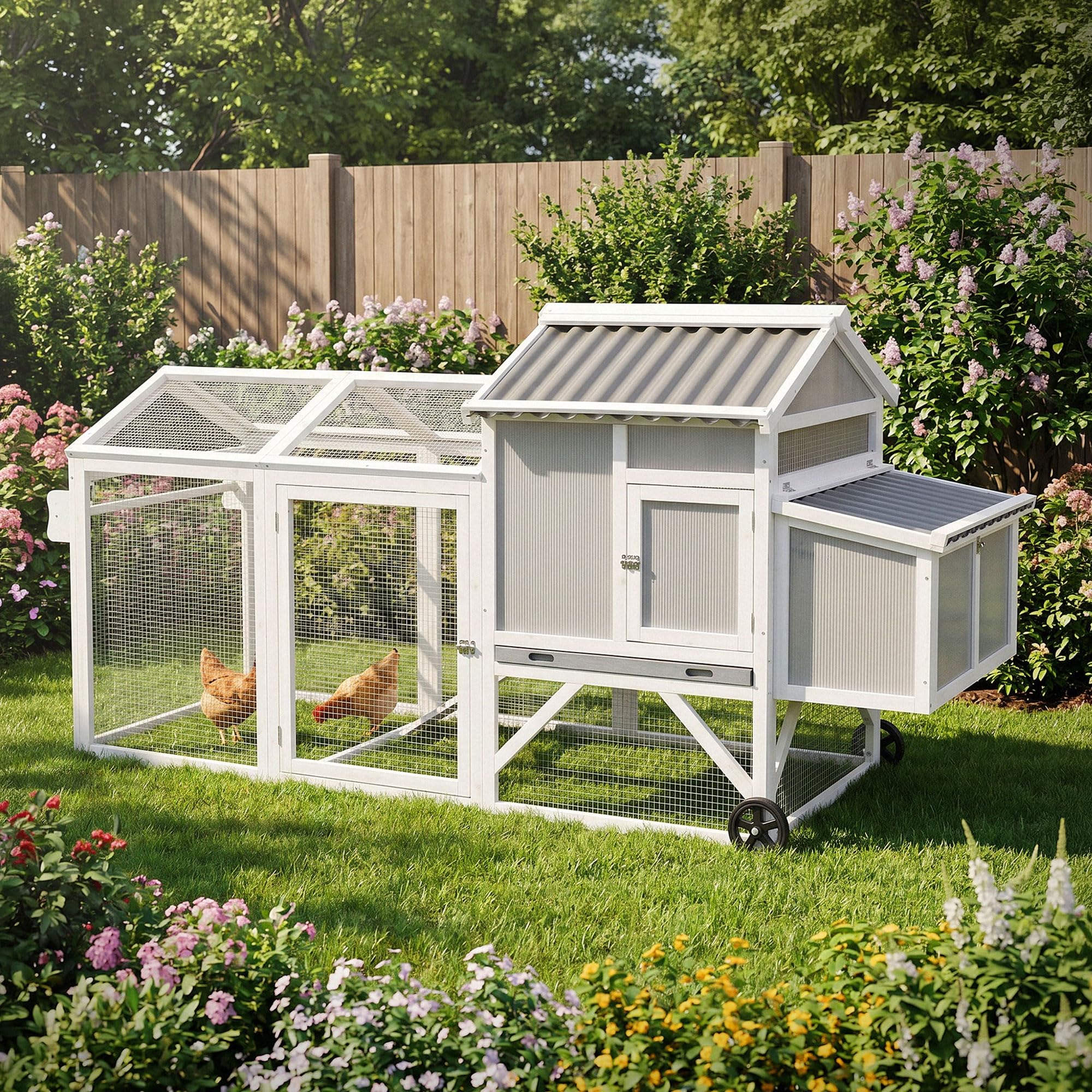 ECD Germany Pollaio per Galline da Esterno in Legno Massello e Rete Zincata, Casetta per Galline Ovaiole con Recinto Esterno e Ruote XXL 83 x 220 x 109 cm, Pollaio con Nido e Area di Pascolo