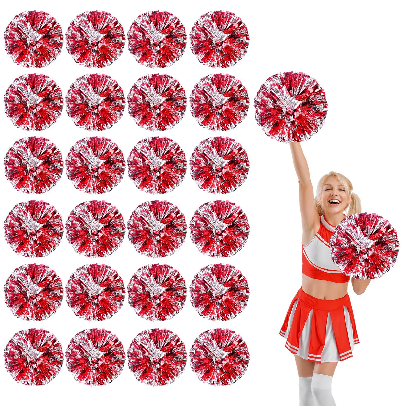 24 szt. pompony Cheer, 34,7 cm pompony cheerleaderki z prostym uchwytem, styl cheerleaderki, pompony do tańca, zapałek (czerwony + srebrny)