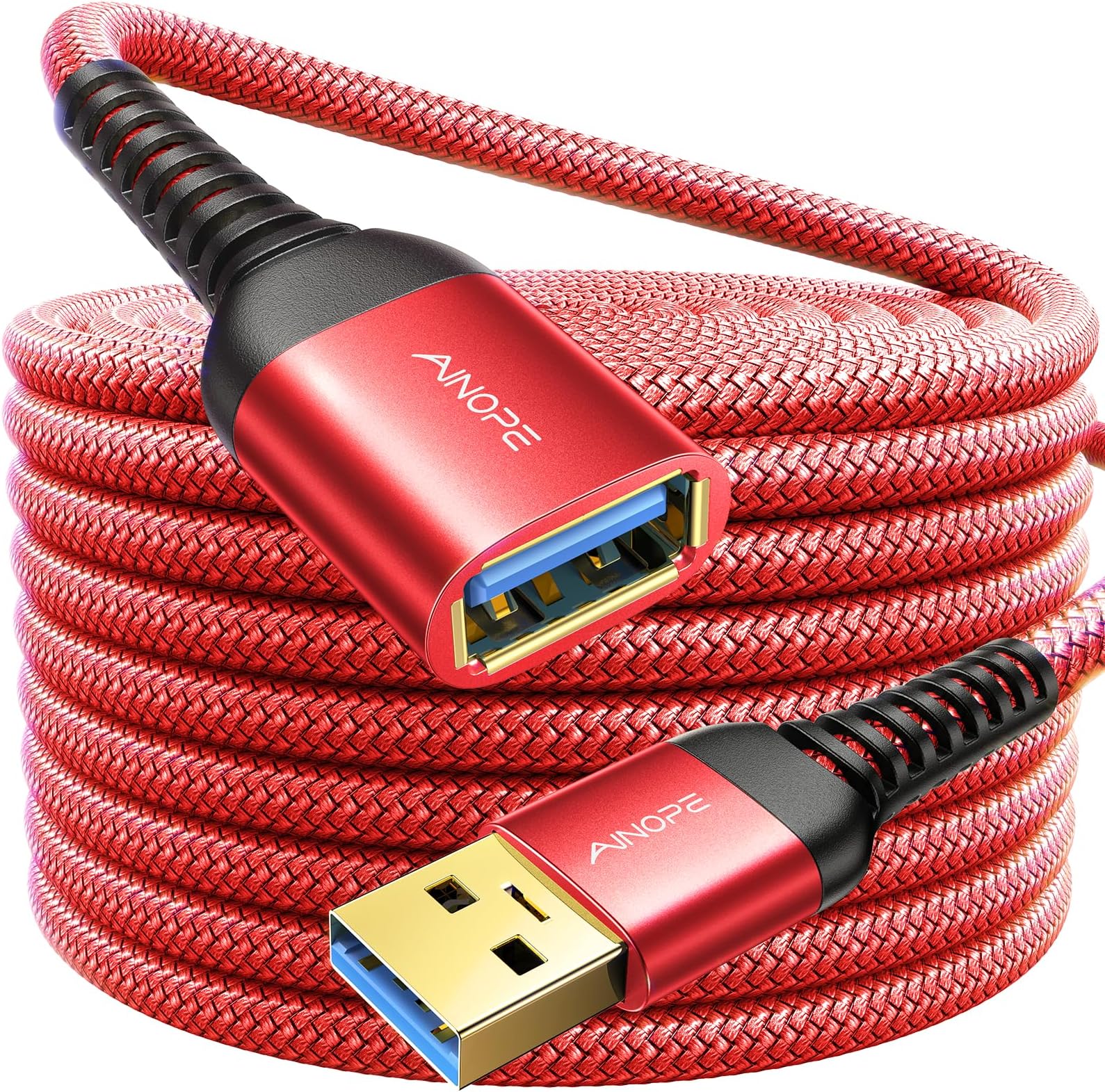 AINOPE 10FT USB 3.0 Extension Cable Type A Male to Female Extension Cord Durable Braided Material High Data Transfer Compatible with USB Keyboard,Mouse,Flash Drive, Hard Drive,Printer-Red