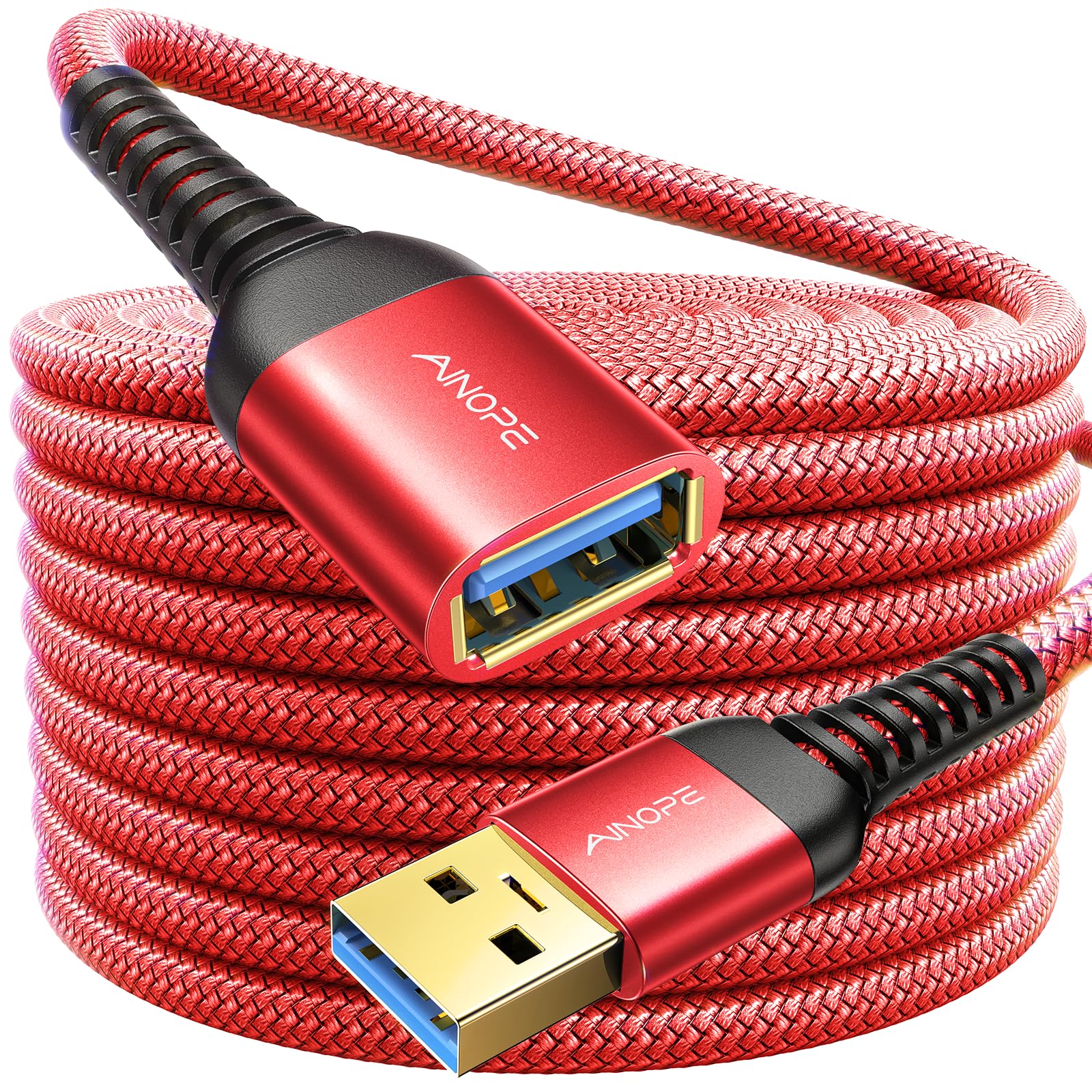 10FT USB 3.0 Extension Cable Type A Male to Female Extension Cord Durable Braided Material High Data Transfer Compatible with USB Keyboard,Mouse,Flash Drive, Hard Drive,Printer-Red