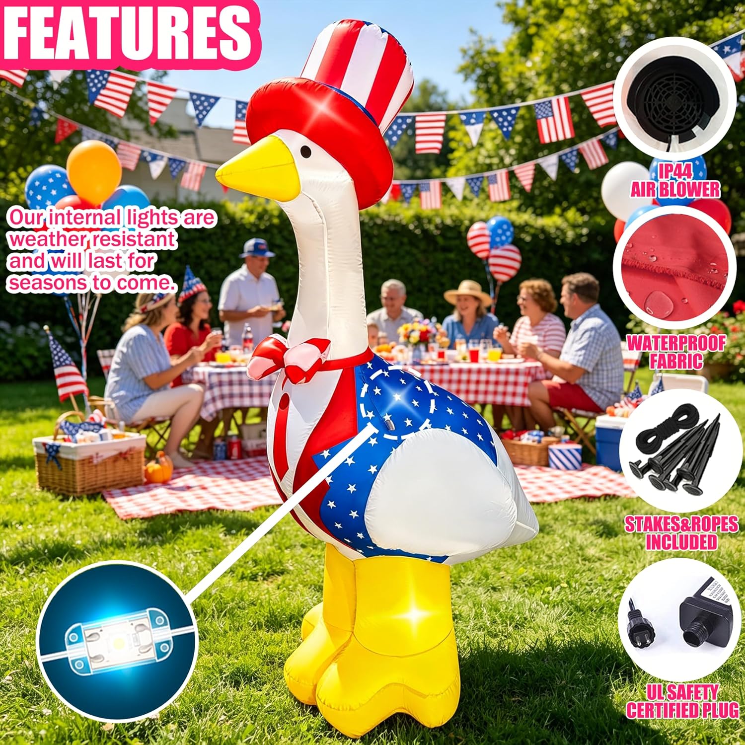 BLOWOUT FUN 4th of July Inflatables Outdoor Decorations 5FT Inflatable Goose Wear Hat Decor Patriotic Independence Day Build-in LED Blow Up Lighted for Indoor Outdoor Party Garden Yard Lawn