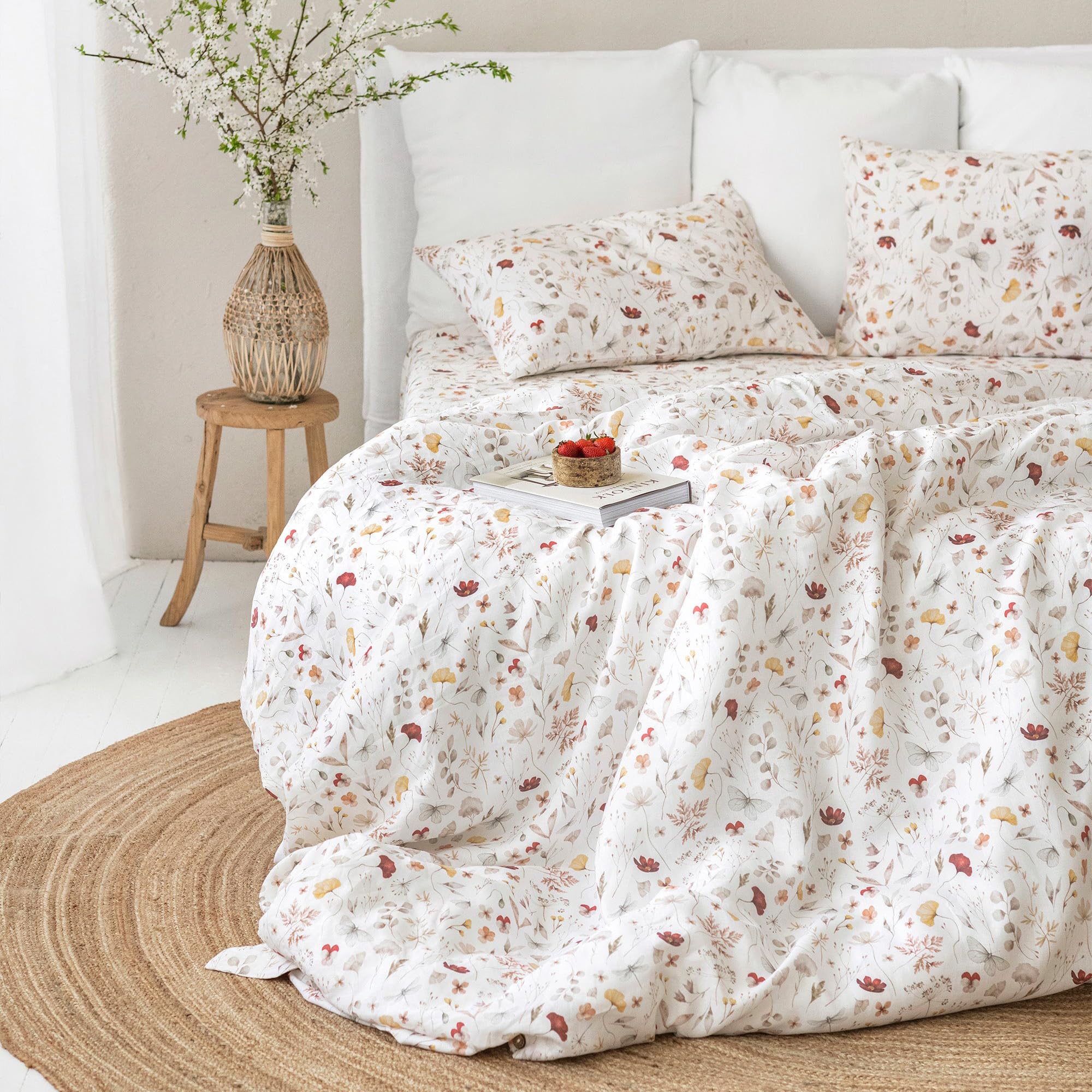Freyamy Grün Blumen Bettwäsche-Sets 135x200 4tlg,Grün Floral Bettwäsche,Botanisch Aesthetic Weich Wende Bettwäsche Gewaschene Mikrofaser 2 Bettbezug mit Reißverschluss und 2 Kissenbezüge 80x80cm