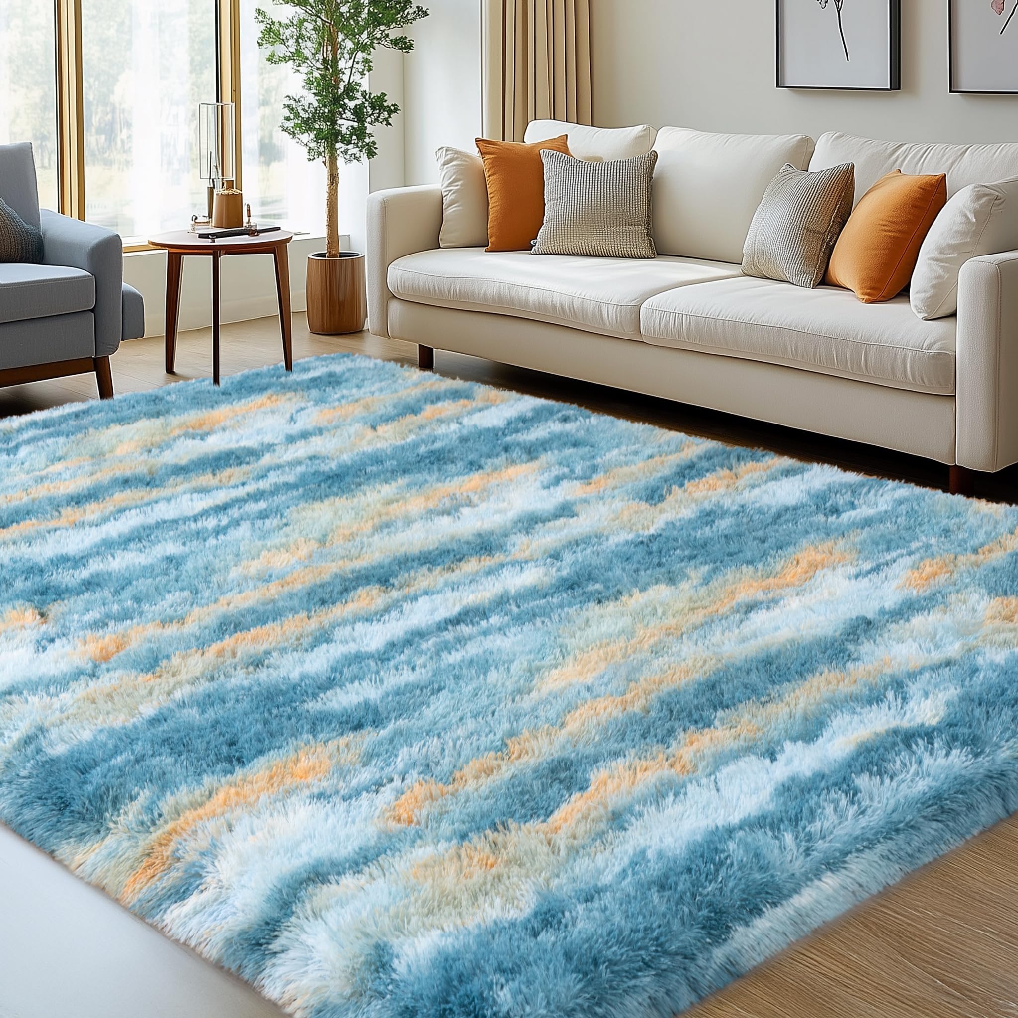 shag rugs for living room 8x10, ultra soft fluffy abstract blue yellow fuzzy rugs for bedroom boys girls kids dorm, non-slip indoor plush shaggy large carpet