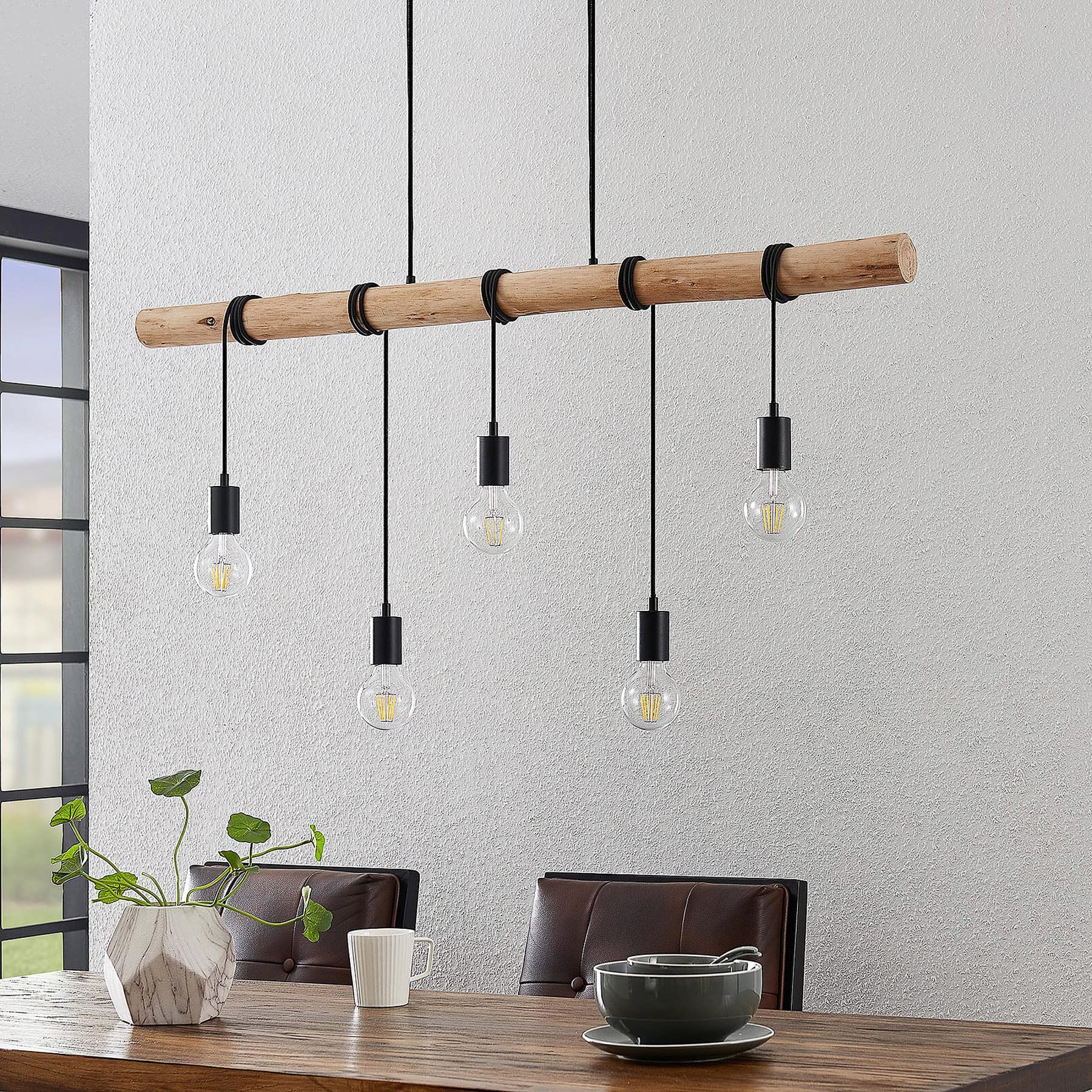 Lindby Esstisch Holz Pendelleuchte, Seillampe Hängelampe Metall Holzbalken Seil Esszimmer Lampe hängend Holzlampe 5x E27 max. 60W ohne Leuchtmittel