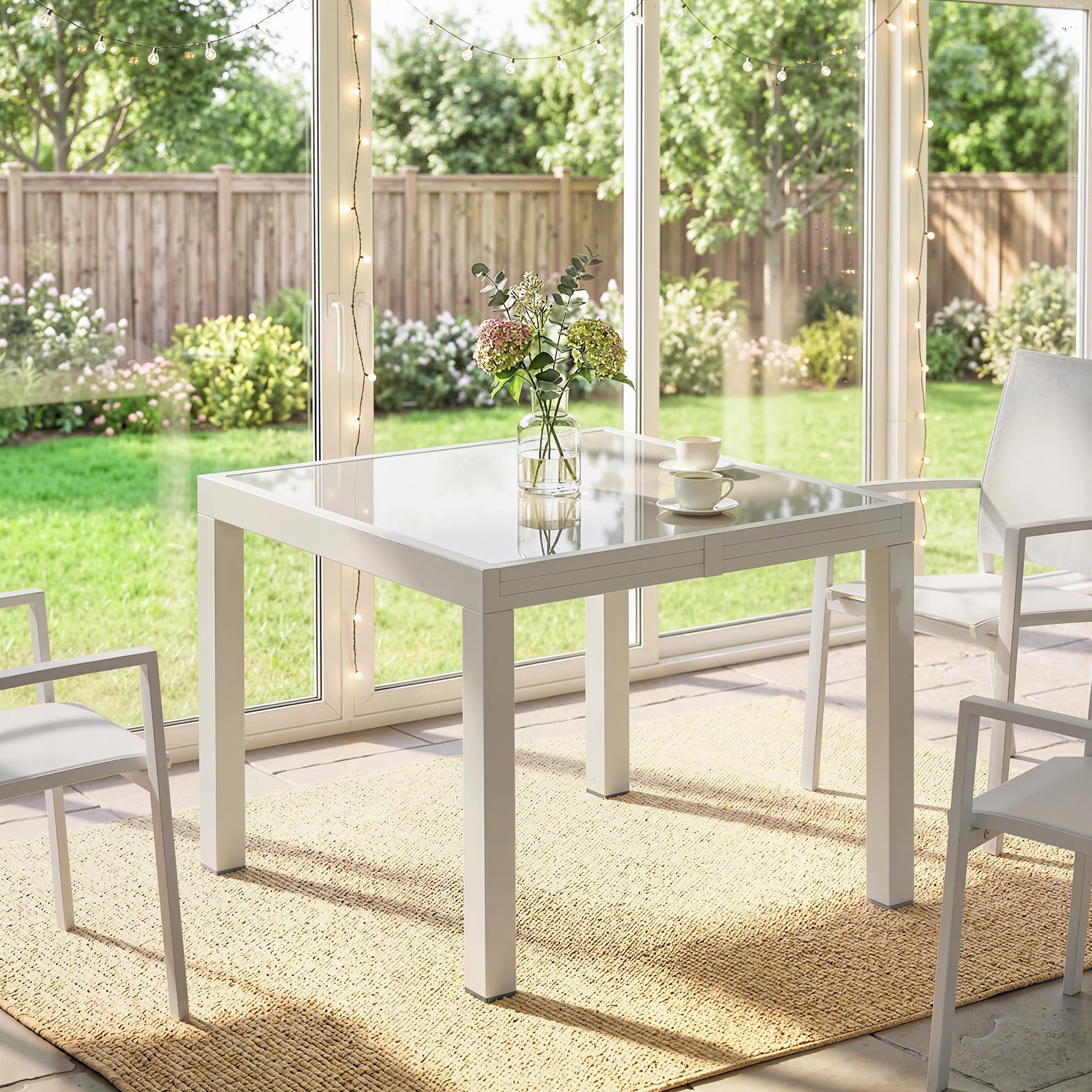 Outsunny Tavolo da Giardino Allungabile per 4-8 Persone, 90/180x90 cm Tavolo da Pranzo Estensibile da Esterno in Alluminio con Piano in Vetro Temperato, per Patio Terrazzo Balcone, Bianco Crema