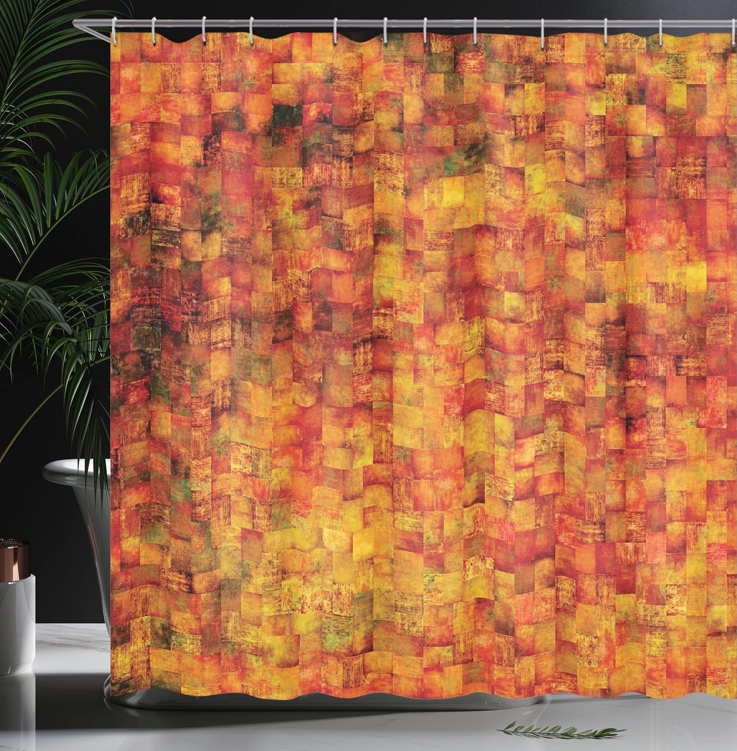 Ambesonne Burnt Orange Shower Curtain, Vintage Mosaic Background Quadratic Little Geometric Squares Faded Print, Cloth Fabric Bathroom Decor Set with Hooks, 69" W x 70" L, Orange Mustard