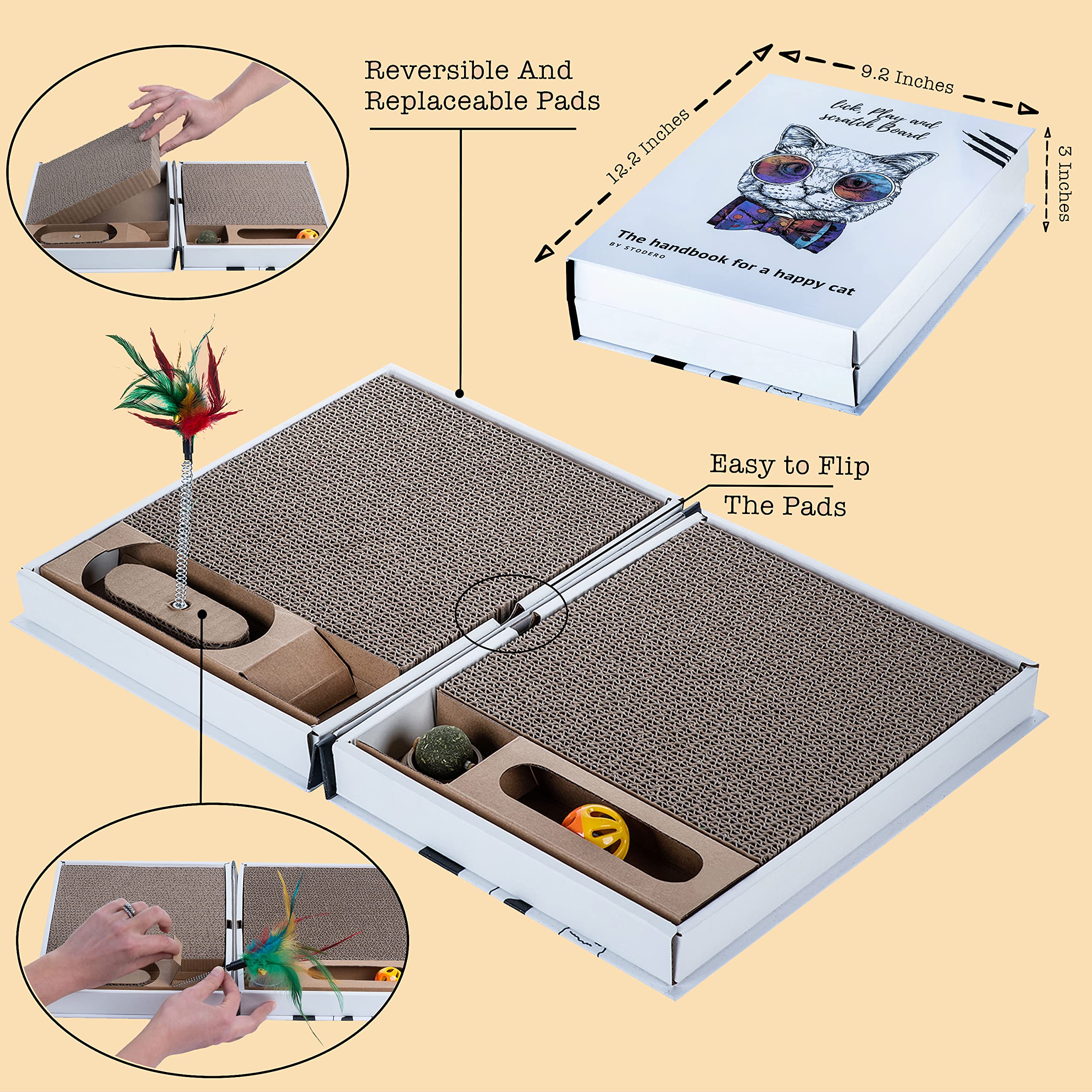 Almohadilla rascadora para gatos todo en uno y área de juego, plegable y fácil de almacenar cartón en forma de libro con 2 piezas reversibles y reemplazables, almohadilla densa para rascar