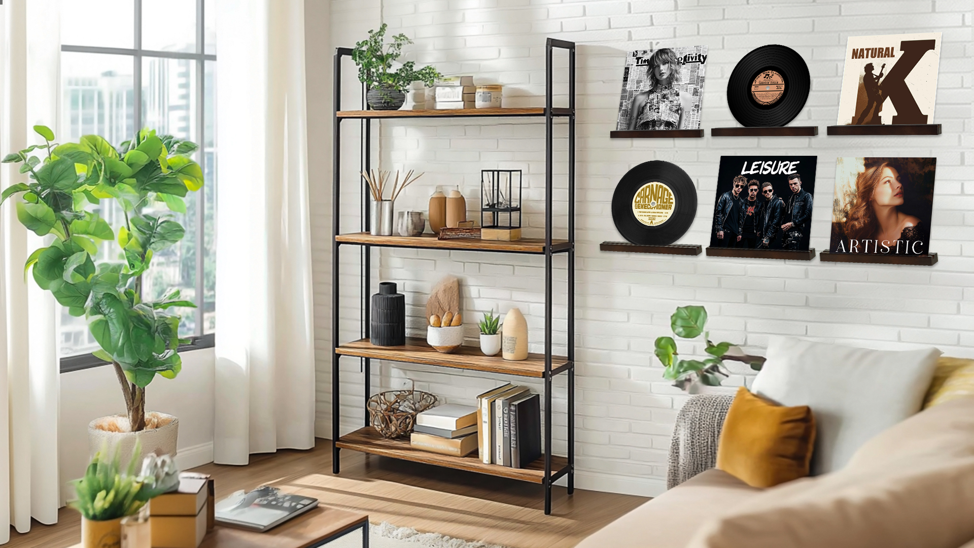 Lot De 6 Supports Muraux En Bois Pour Disques Vinyles - Finition Tachée
