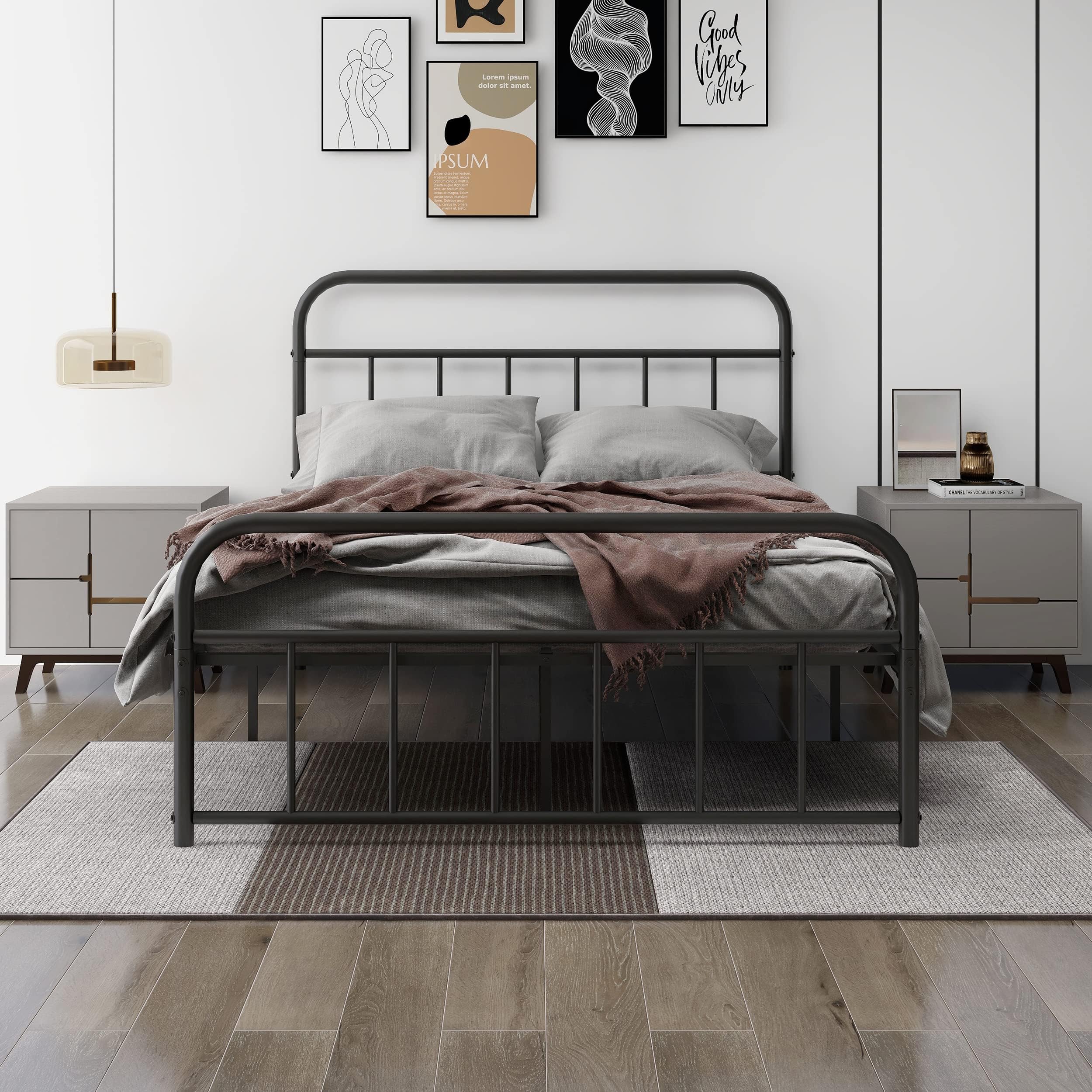 Full Metal Platform Bed Frame with Vintage Headboard Footboard Extra Strong Support No Box Spring Needed Noise Free Easy Assembly Black