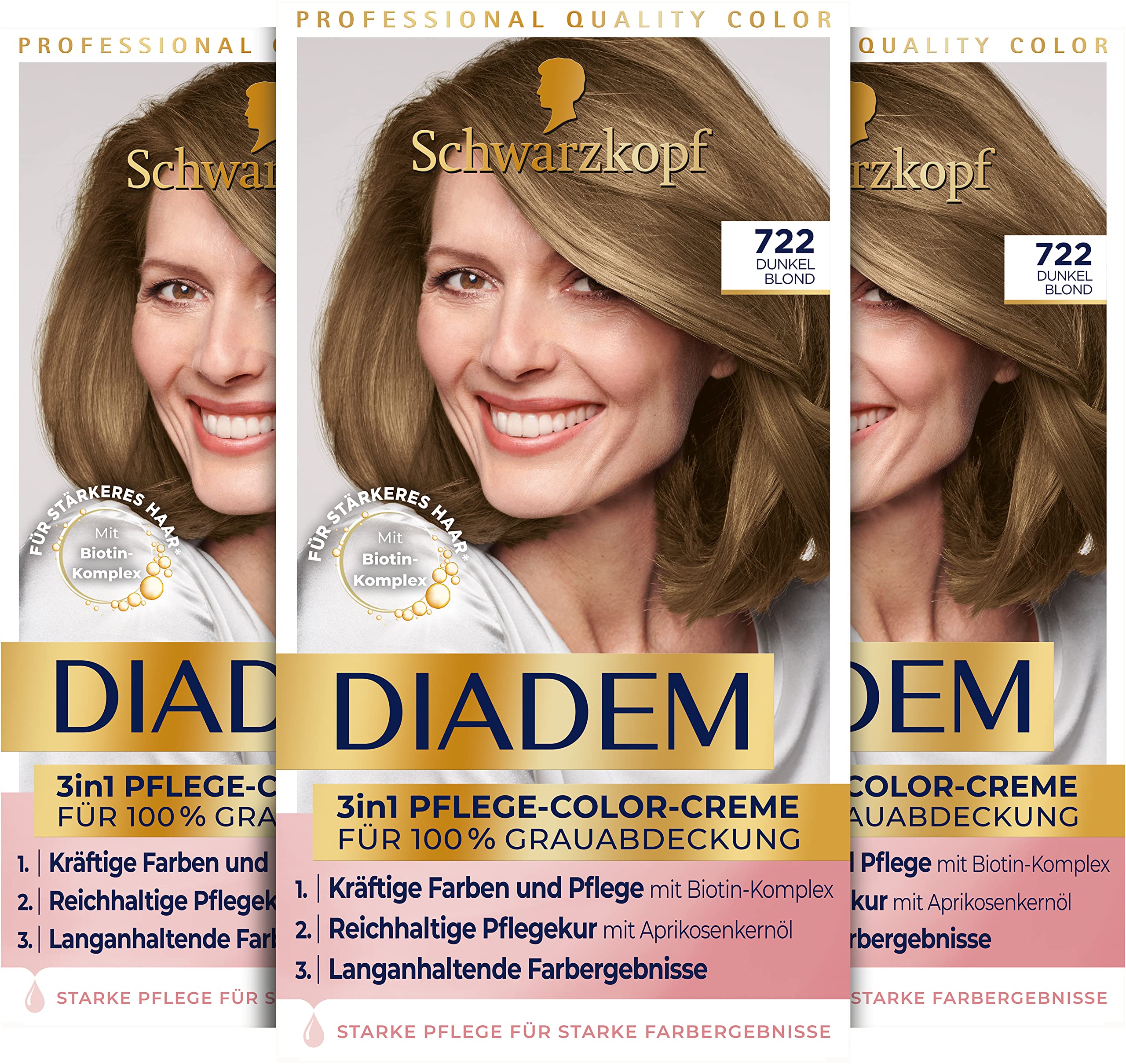 Schwarzkopf Diadem 3 in 1 Pflege-Color-Creme 722 Dunkel Blond (3 x 170 ml), permanente Haarfarbe, Haarpflege-Formel für gesund aussehende Ergebnisse, 100 % Grauabdeckung
