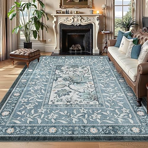 GarveeHome Provence 8x10 Area Rugs for Living Room, Botanical Grove Retro Blue Cottagecore Washable Rug for Bedroom Dining Nursery Low-Pile Vintage Large Carpet