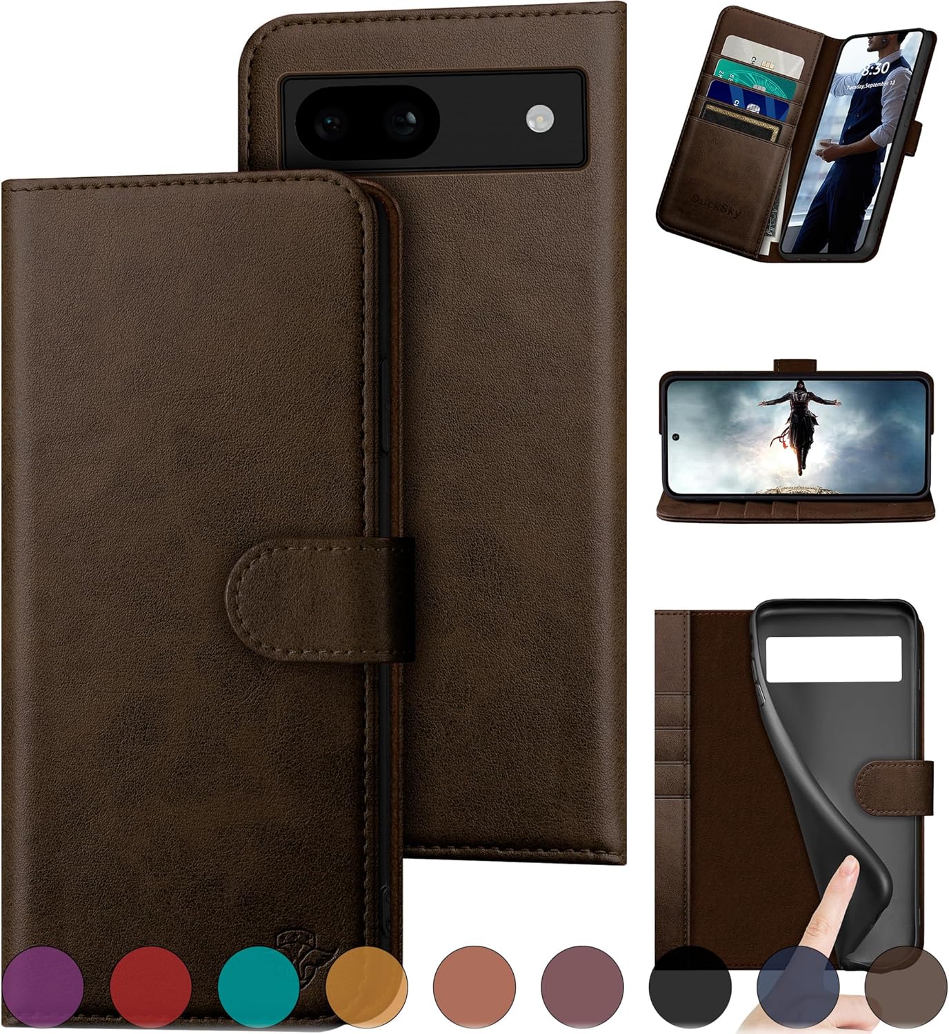 DuckSky for Google Pixel 8A Genuine Leather Wallet case 【RFID Blocking】【4 Credit Card Holder】【Real Leather】 Flip Folio Book Phone case Protective Cover Women Men for Pixel 8A case Brown