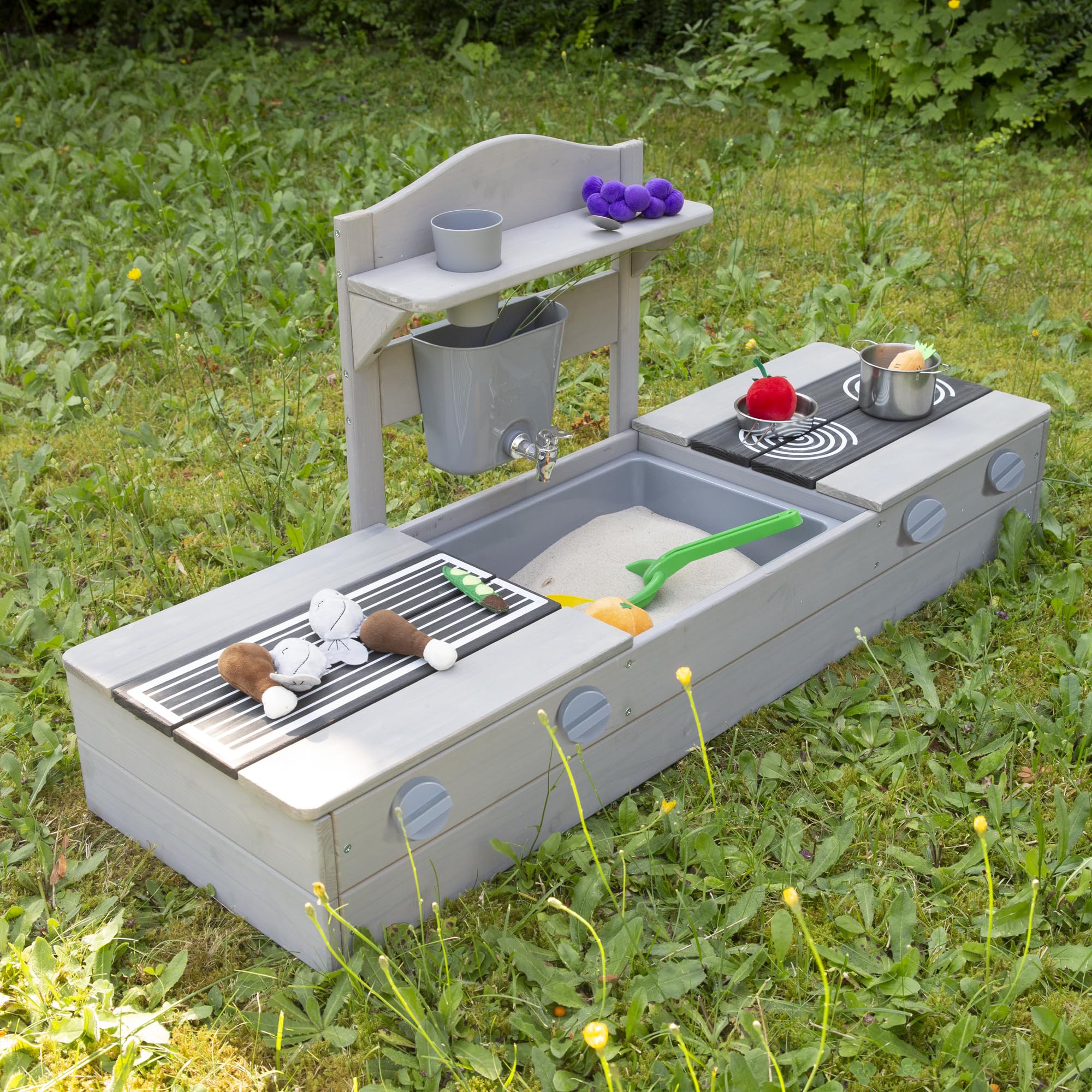 roba Bac à Sable 2 en 1 & Cuisine de Jeu pour Enfants - Certifié FSC® - avec Accessoires - Cuisine Compacte pour Balcon & Jardin - Gris