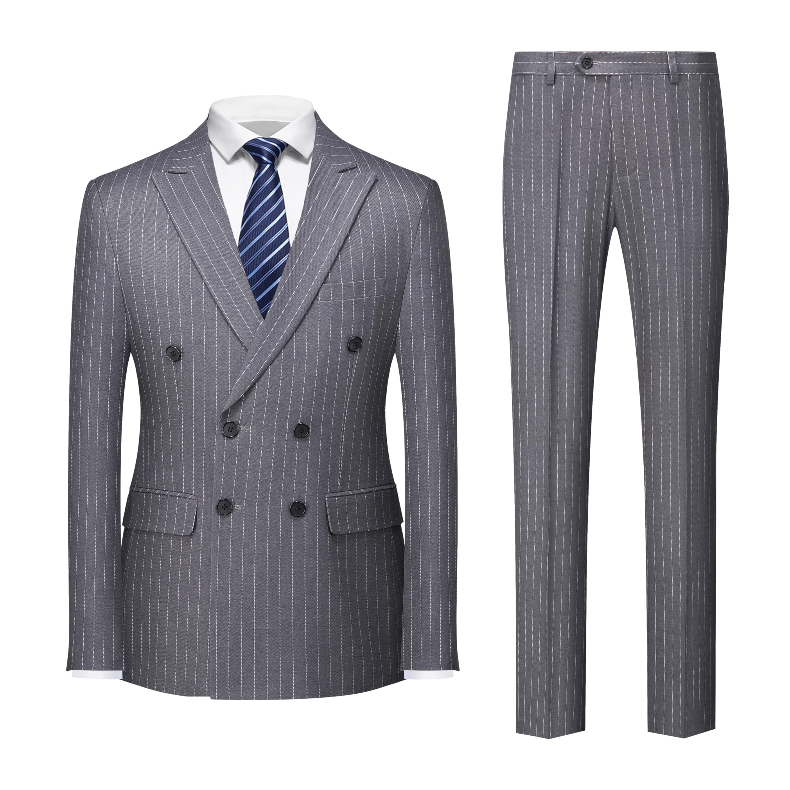 MOGU Mens Double Breasted Pinstripe Suit 2 Piece Slim Fit Tuxedo Formal Jacket and Pants for Business Wedding Prom, Dark Grey, XL