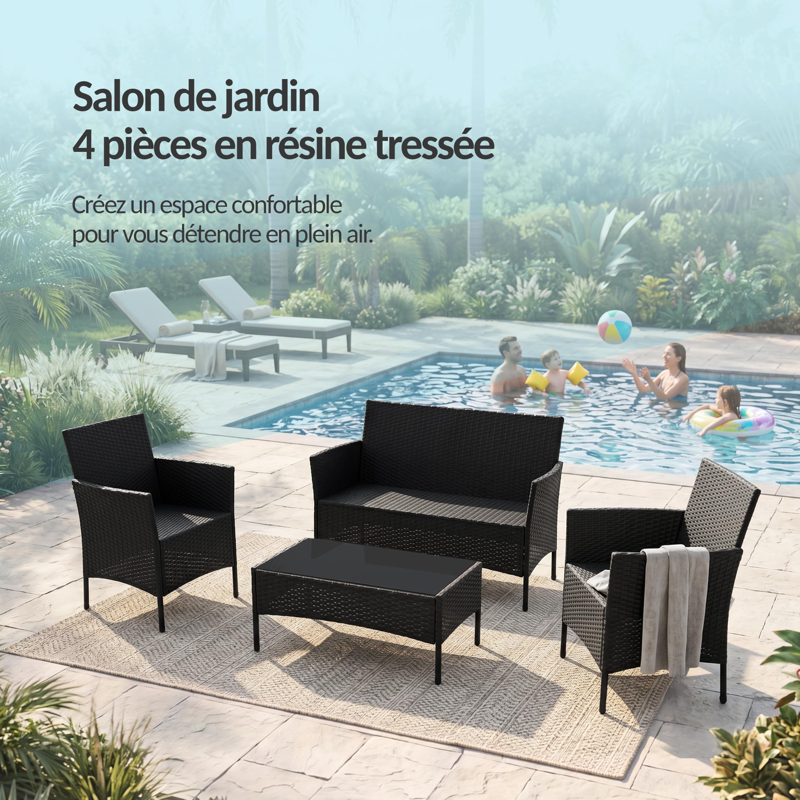 POKAR Salon de Jardin Rotin Gris avec Coussins Assise et Dossier Beige