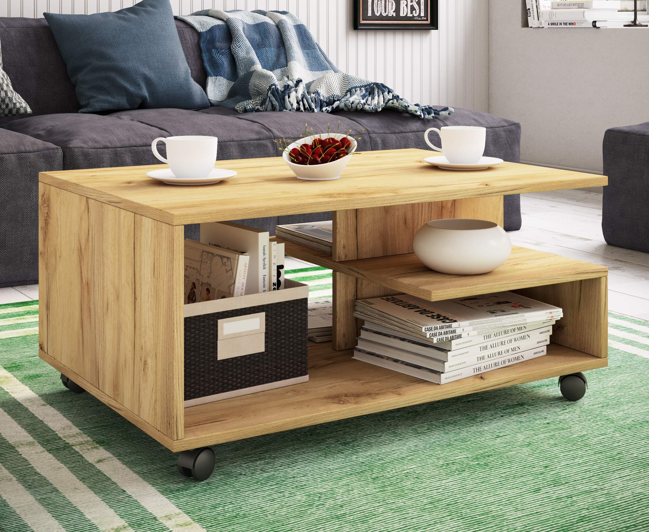 VCM Holz Couchtisch schlicht | Sofatisch Rollen | Maße ca. H. 41 x B. 80 x T. 50 cm | rollbar Kaffeetisch - Stango L Honig-Eiche
