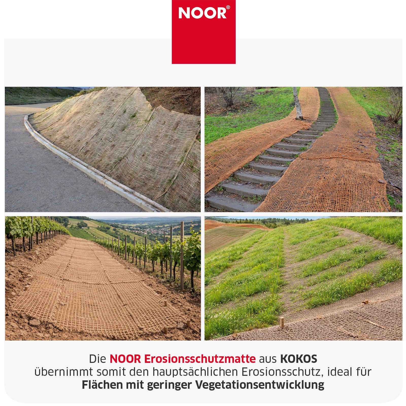 NOOR Kokos Böschungsmatte 1 m x 15 m - Erosionsschutz- & Ufermatte für Garten, Hang & Böschung - biologisch abbaubar & chemikalienfrei - Maschenweite ca. 3 x 3 cm - 400 g/m²