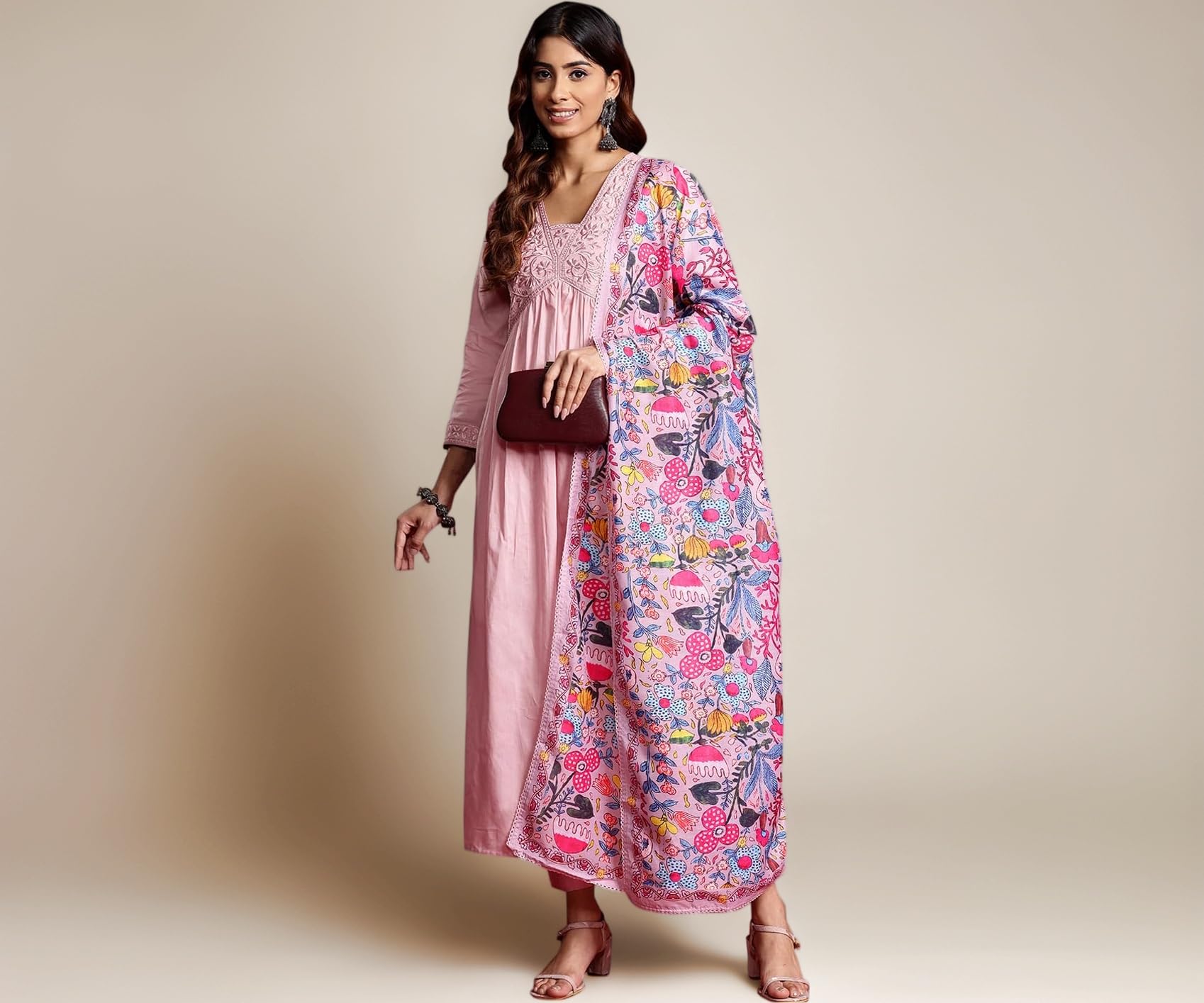 Womanista Women's Cotton Blend Floral Yoke Design Pleated Thread Work Kurta Trouser With Dupatta Set (Kurtaset_1214)