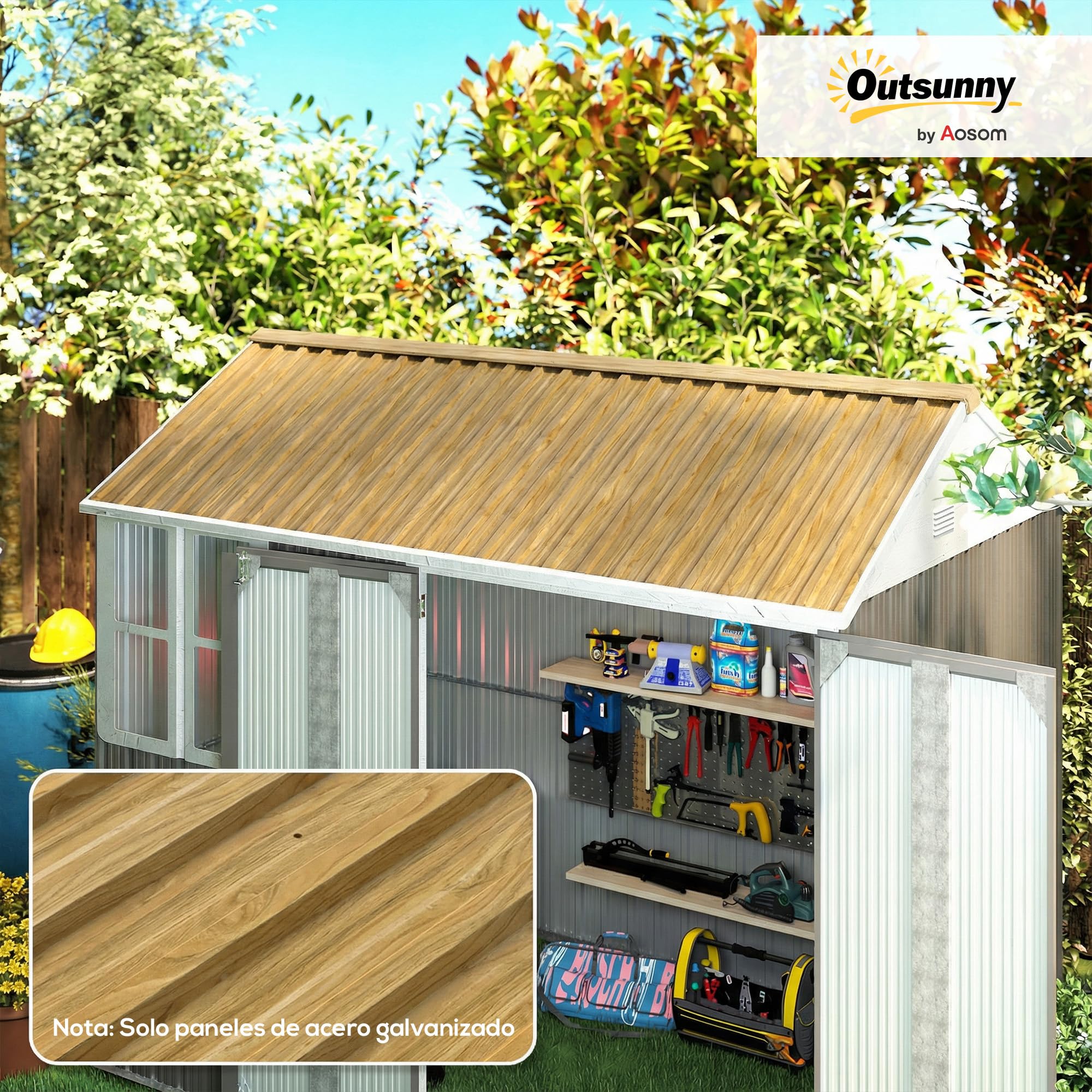 Outsunny 12x pannelli per tetto in acciaio zincato, lamiere profilate per tetto 7 m², per capanno degli attrezzi, tettoia, garage, esterni, 129 x 45 cm, legno naturale