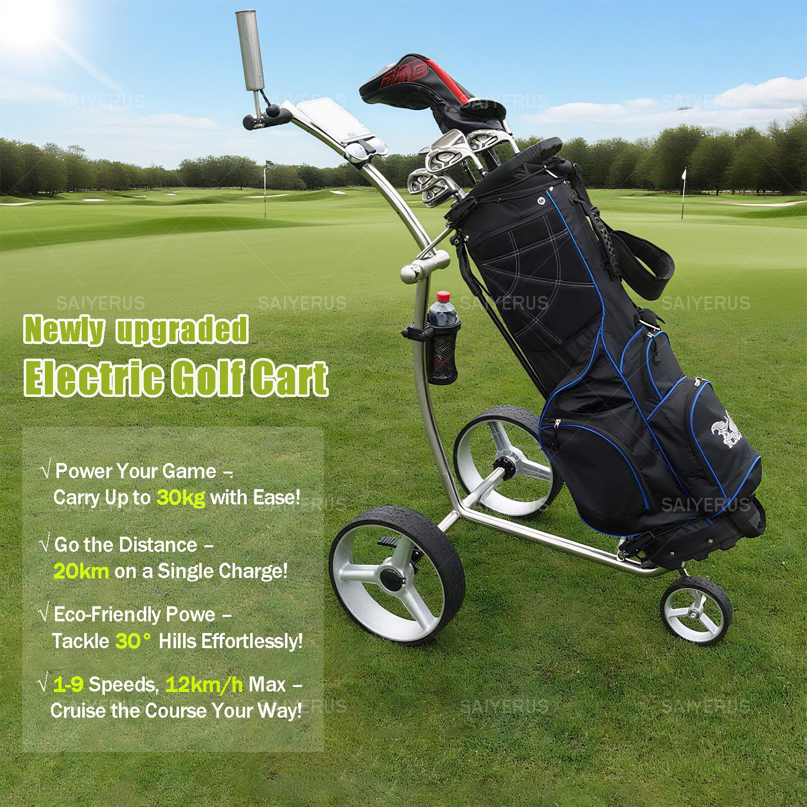 Carrito de Golf Eléctrico con Control Remoto, Ultraligero de Acero Inoxidable, Batería de Litio Recargable, Accesorios Completos, Incluye Bolsa de Transporte y Funda para Lluvia