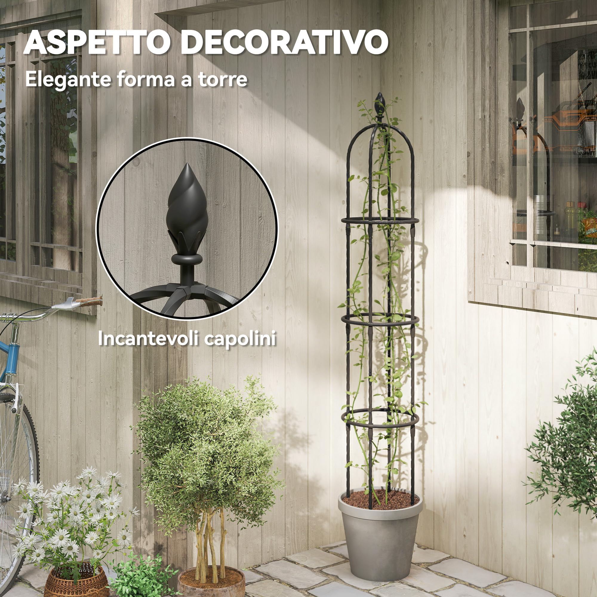 Outsunny Set di 2 Supporti per Piante Rampicanti Alti 1.74 m, Traliccio per Rampicanti da Giardino Alti in Acciaio Rivestito in PE con Decorazioni, per Rose, Pomodori, Fiori, Piselli e Verdure, Nero