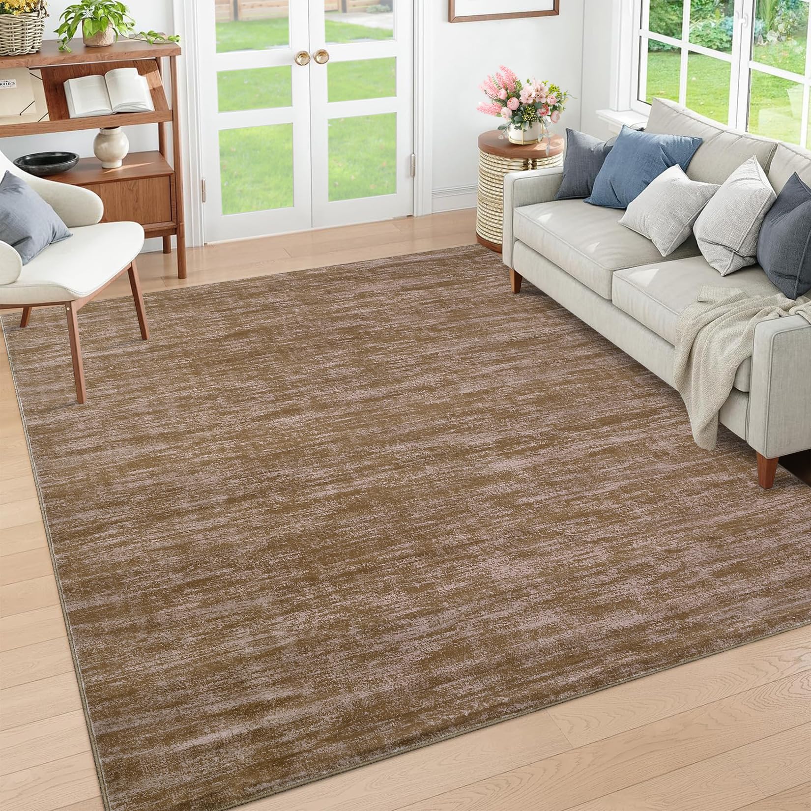 RUGSREAL Living Room Area Rug 10x13 Modern Solid Color Large Bedroom Rug with Rubber Backing Stain Resistant Low Pile Dining Room Throw Carpet Contemporary Washable Rug for Home Decor Office, Taupe