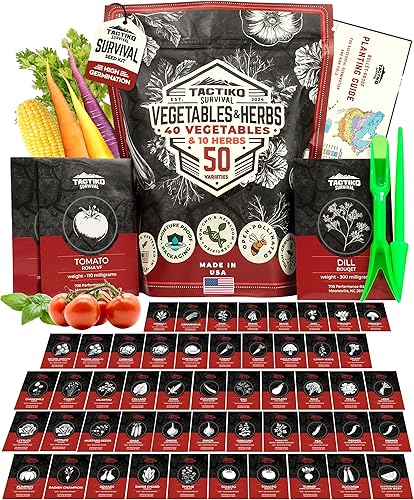 50 Tactiko Survival Kit de semillas de verduras, hierbas y frutas, variedades cosechadas en Estados Unidos, más de 35,000 semillas de reliquia sin