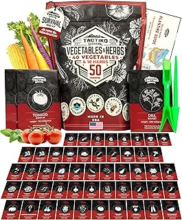 50 Tactiko Survival Vegetable, Herb & Fruit Seed Kit - U.S.A. Harvested Varieties - Over 25,000 Non-GMO Heirloom Seeds - E...