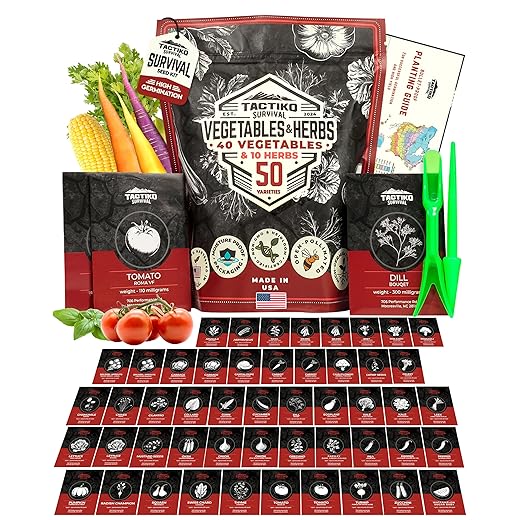 50 Tactiko Survival Vegetable, Herb & Fruit Seed Kit - U.S.A. Harvested Varieties - Over 25,000 Non-GMO Heirloom Seeds - Emergency Seed Vault in Waterproof Mylar Bag - Long-Term Storage