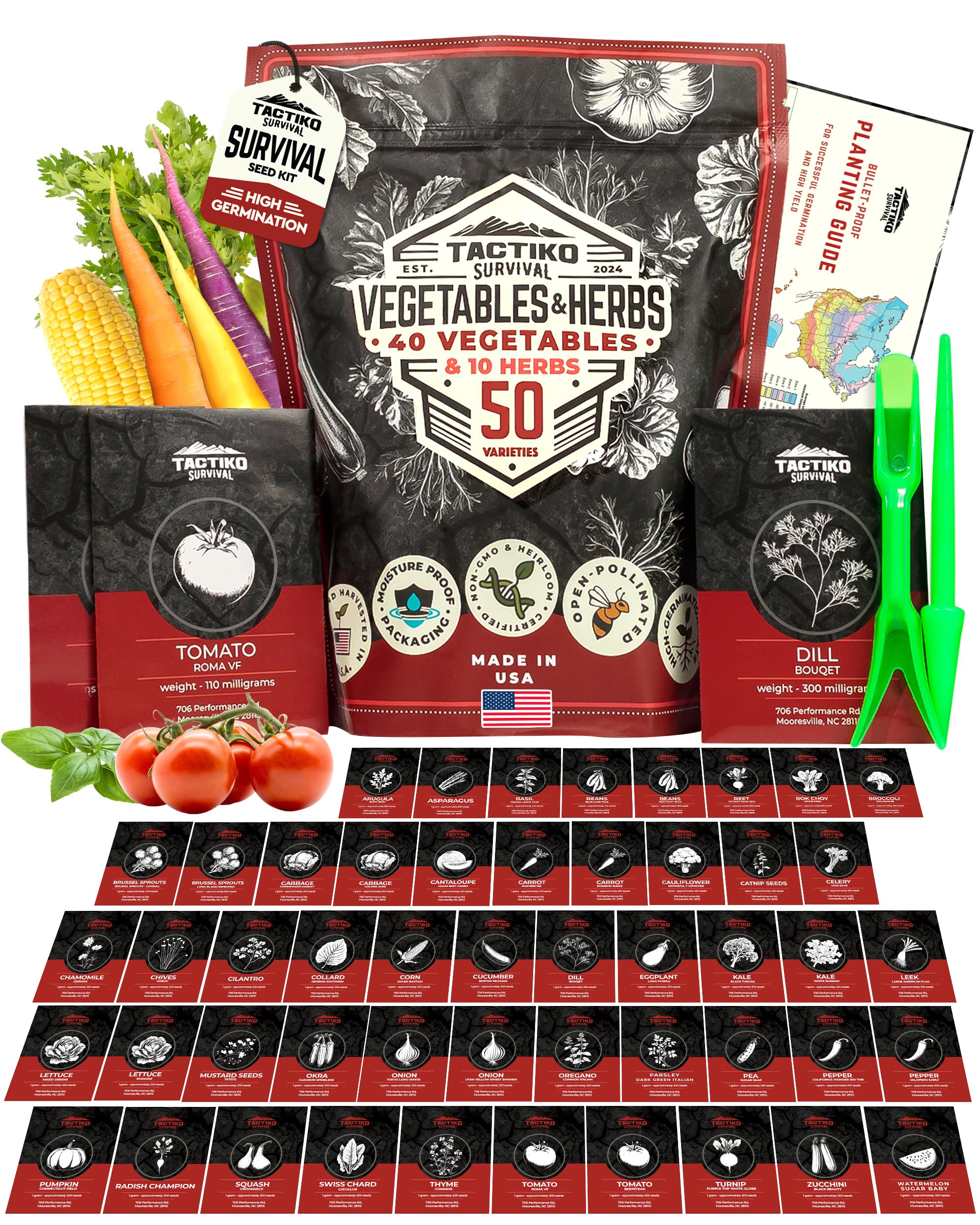50 Tactiko Survival Vegetable, Herb & Fruit Seed Kit - U.S.A. Harvested Varieties - Over 35,000 Non-GMO Heirloom Seeds - Emergency Seed Vault in Waterproof Mylar Bag - Long-Term Storage