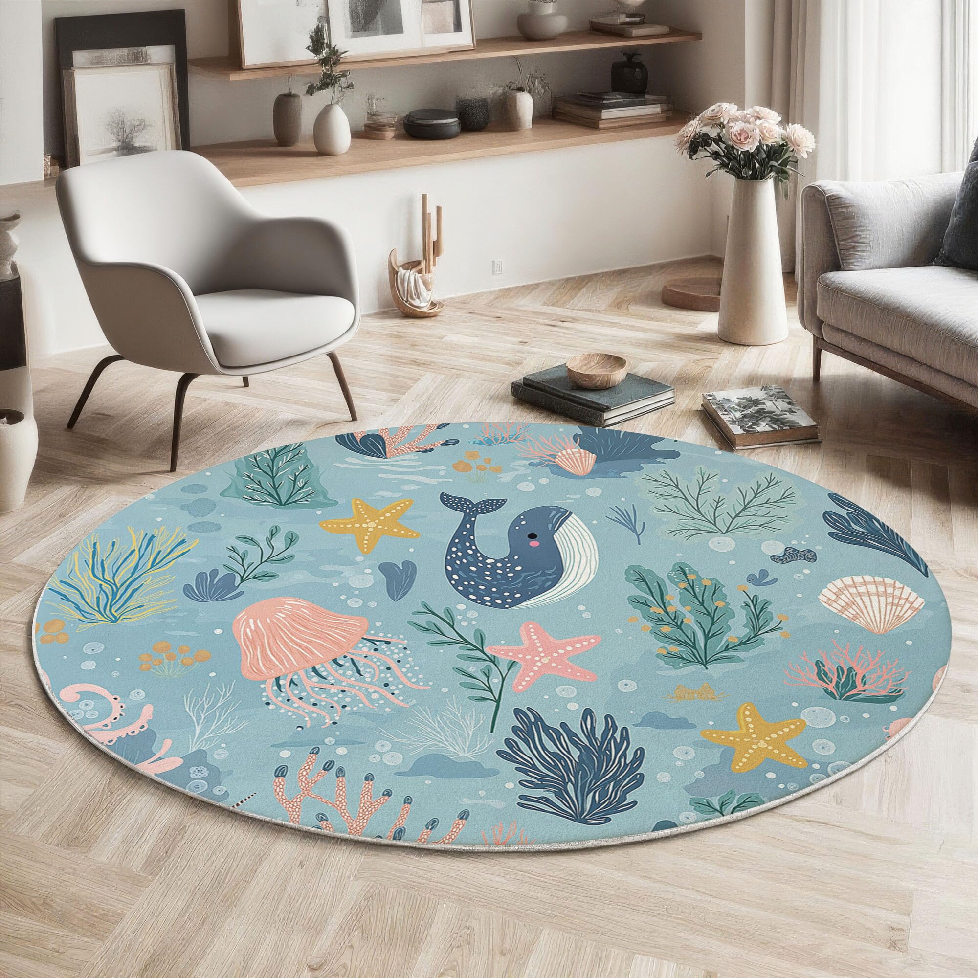 Tapis Rond Lavable en Machine Motif Baleine Méduse Décoration De Chambre pour Adultes Enfants, Joli Thème Océan Bleu Clair Antidérapant Doux Poils Ras Tapis Rond De Salon, 120 Cm