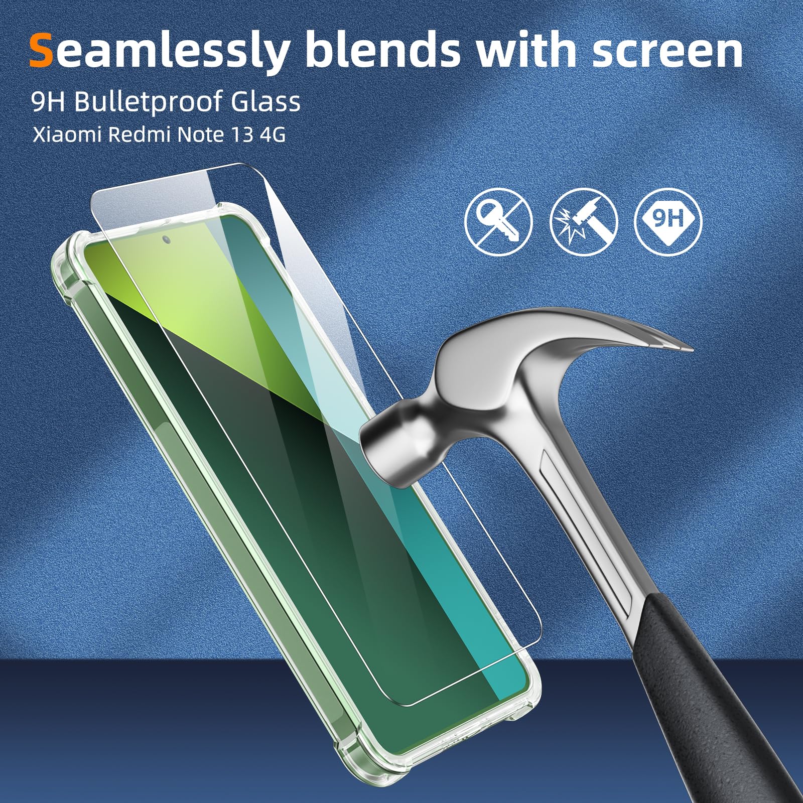 KUSINHOKA Cover per Xiaomi Redmi Note 13 4G con Staffa + [2 Pezzi] Pellicola Vetro Temperato, [Protezione Fotocamera Slide] Anti-Graffio Custodia in Silicone e PC, Bumper Case Protettiva Cover, Blu