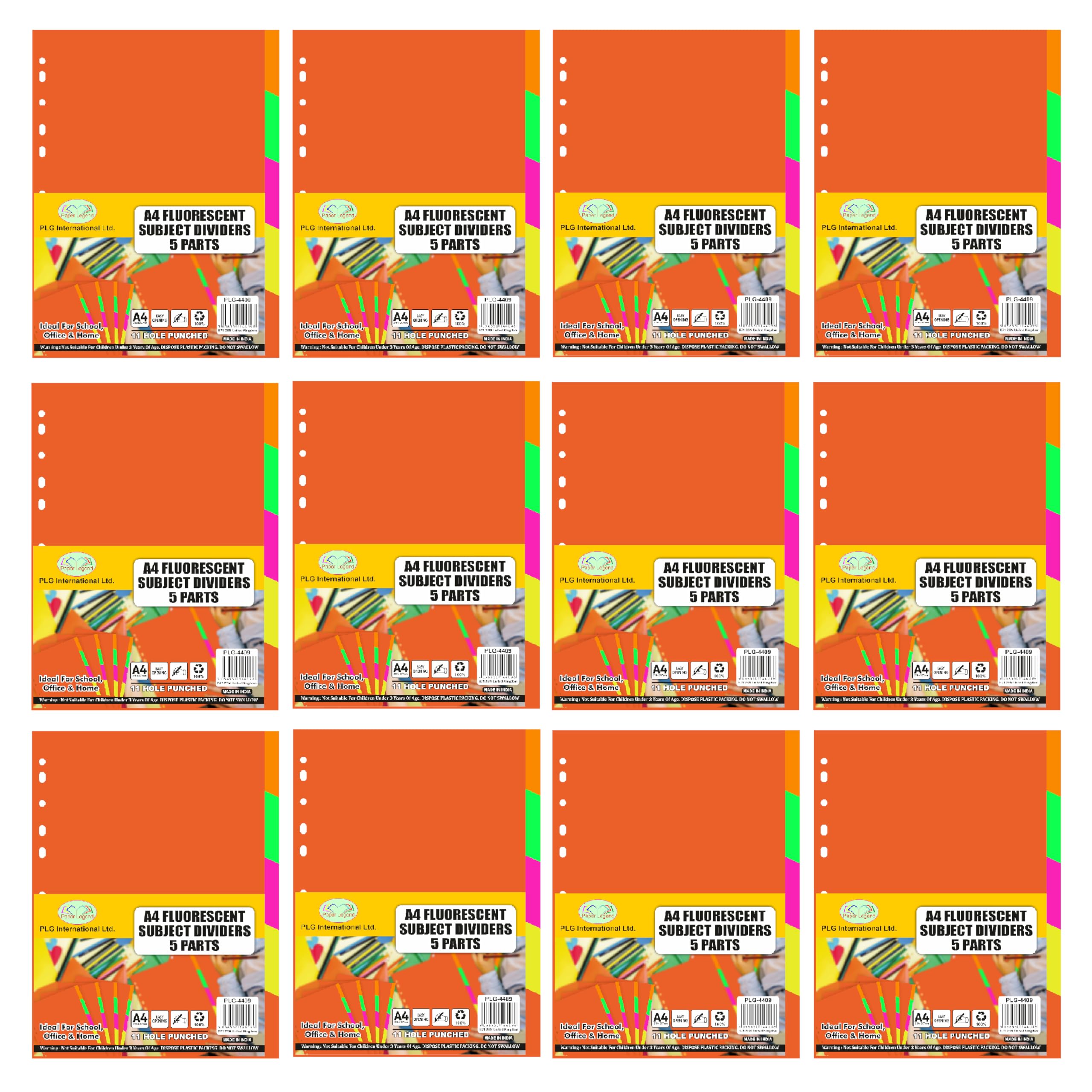 Eason BROS A4 Neon Subject Dividers, 5 Part, 12 Pack – Classroom Pack