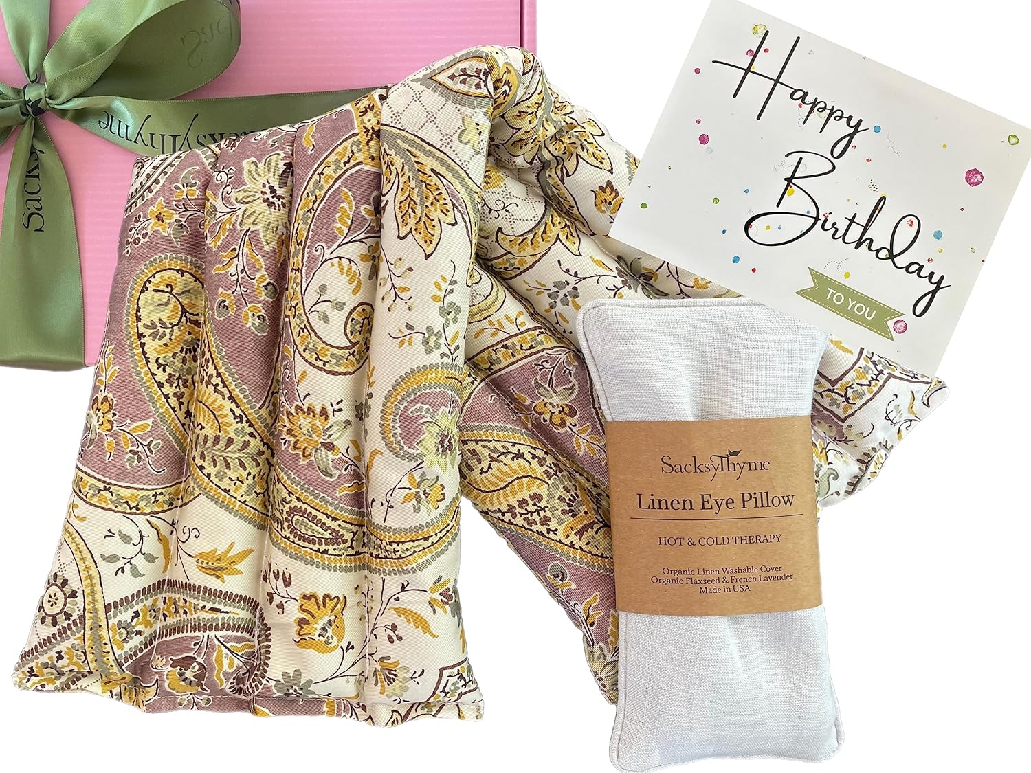 Sacksy Thyme Birthday Gift Set - 2 Piece- Lavender Heating Pad & Linen Eye Pillow - Luxury Happy Birthday Gift Set for Women, Unique Women's Gift Basket, Card for Personalized Message, Heating Pad