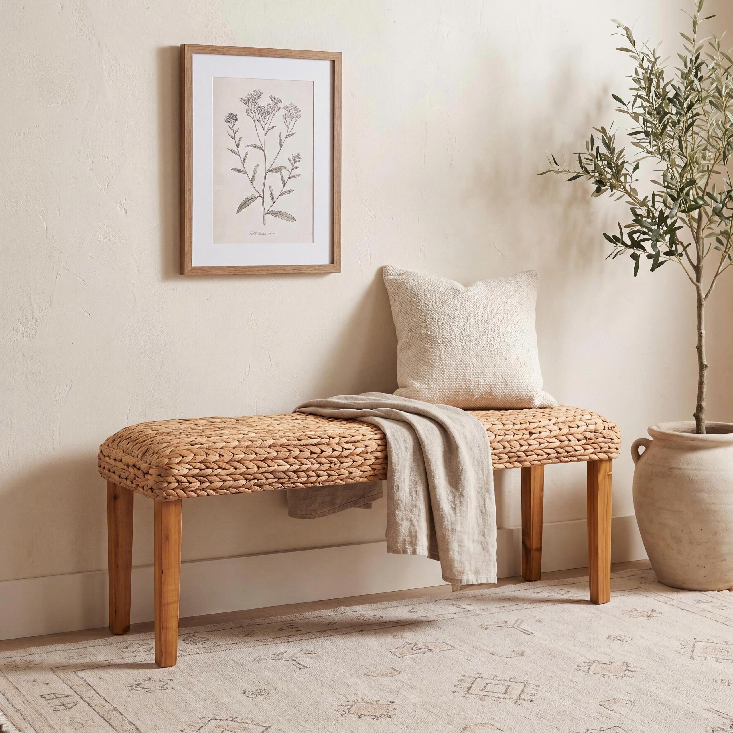Solid Wood Acacia Indoor Bench, 47 Inch Water Hyacinth Seat, Fishbone Style