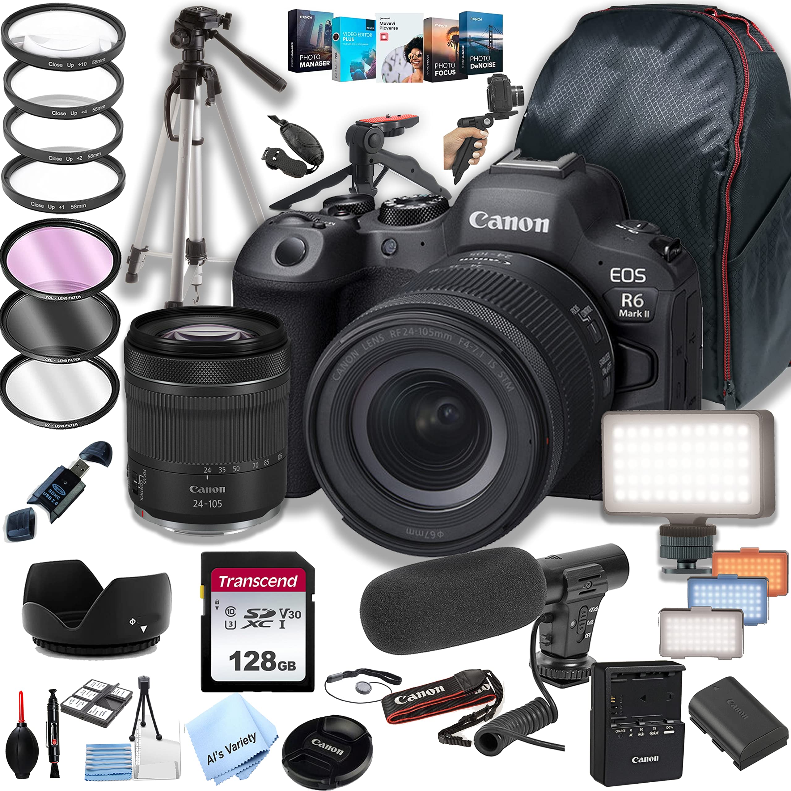 Canon EOS R6 Mark II Mirrorless Digital Camera with RF 24-105mm f/4-7.1 STM Lens + 128GB Memory + LED Video Light + Microphone + Back Pack + Steady Grip Pod + Tripod + Filters + Software + More