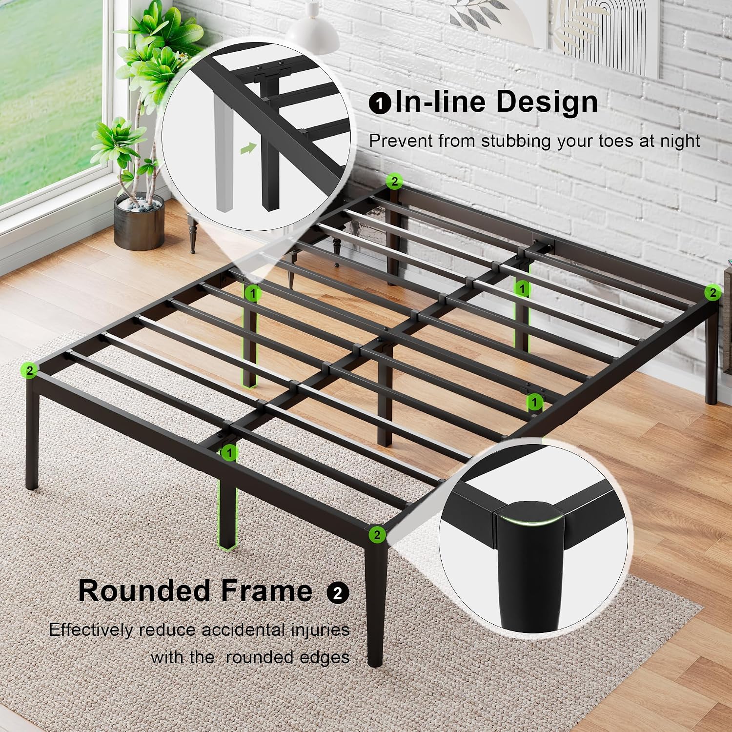 Close-up of Feonase bed frame showing stable foundation and strong leg support