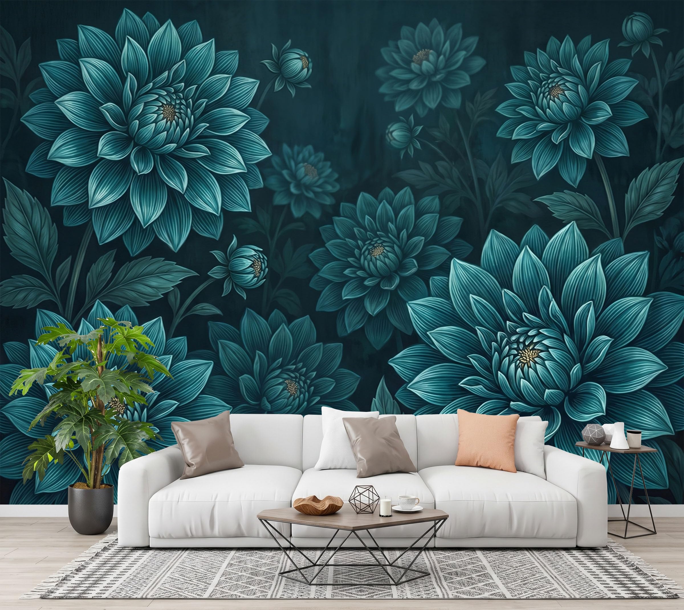 Papier Peint Panoramique 400X280Cm Paysage Mystérieux De Dahlias | Cyan Foncé Papier Peint Intissé Tapisserie Poster Décoration Murale Pour Salon Chambre - Plantes Rétro 3D