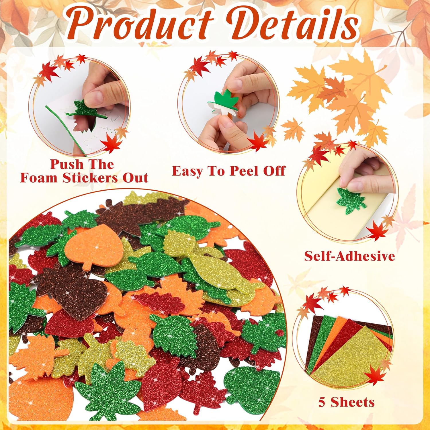 365Pcs Foam Stickers,5Sheets Glitter Fall Leaf Shape Stickers Colorful Self Adhesive Sticker for Kids Scrapbooking Crafts Art DIY Greeting Card Home Decor Thanksgiving Party Supplies(Fall Style)