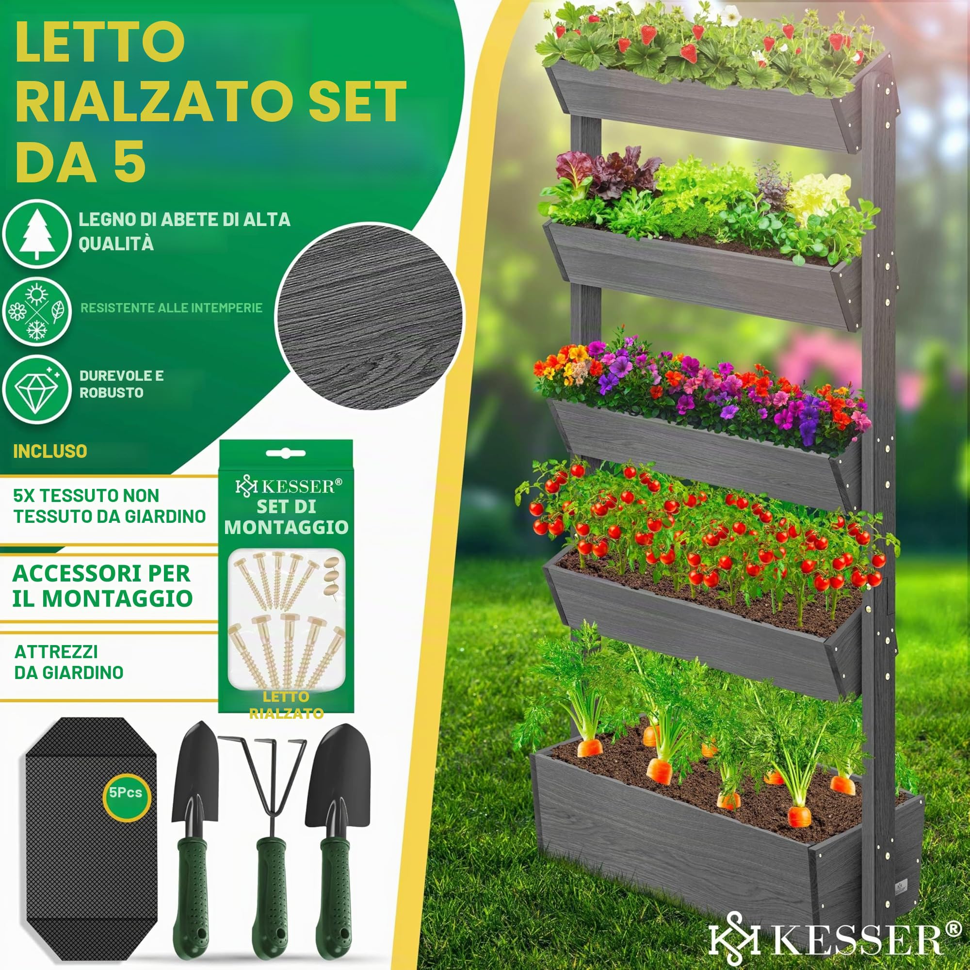 KESSER® Fioriera rialzata con ripiani, fioriera di alta qualità, scala per piante, aiuole, fioriera con tessuto non tessuto (antracite, 5 piani)