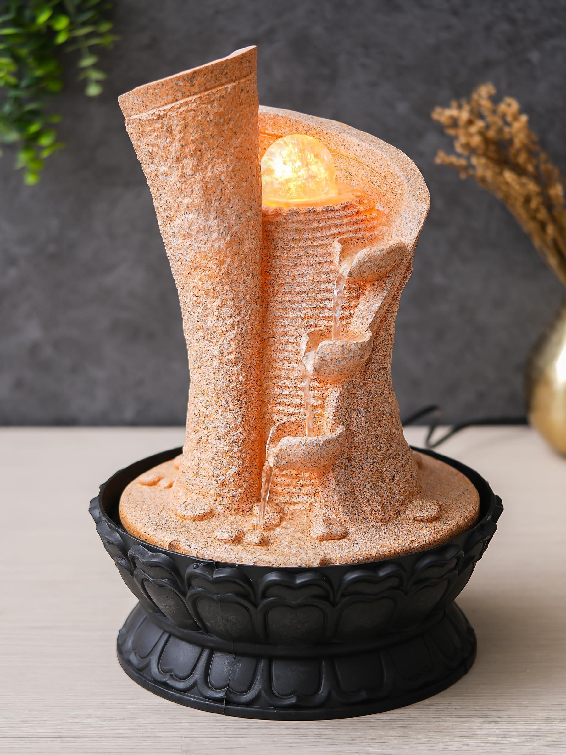 CHRONIKLE Polyresin Designer Tabletop Indoor Home Decor 4 Stylish Steps Water Fountain with Yellow LED Light & Water Flow Controller Pump (Size: 40 x 25 x 25CM | Wt: 2295grm | Color: Cream)-image-18