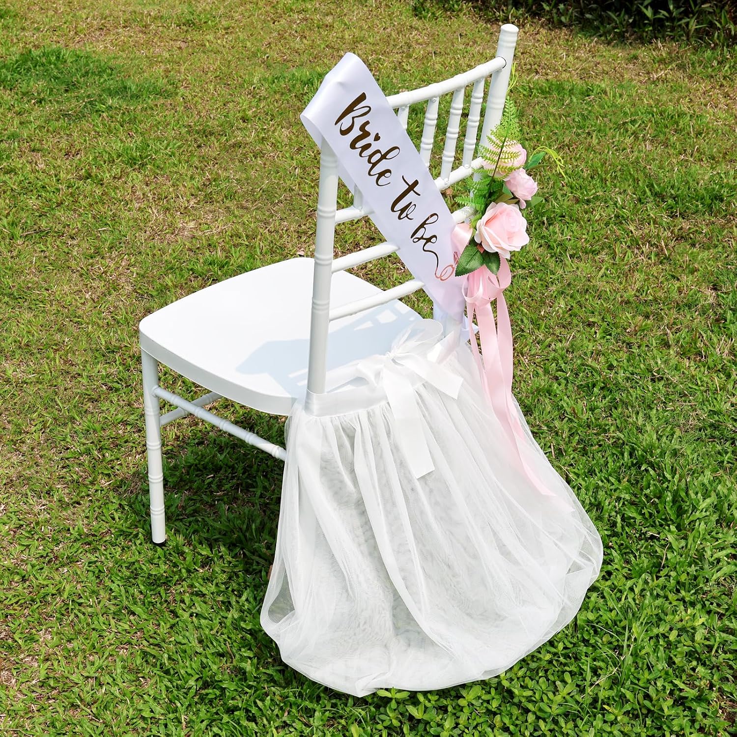 Chair Tulle Tutu Decoration with Sash for Bridal Shower, White Tulle Chair Skirt Fluffy Bridal Chair Decor for Wedding Bridal Shower Bridal Party bridal luncheon fit for Standard Chair