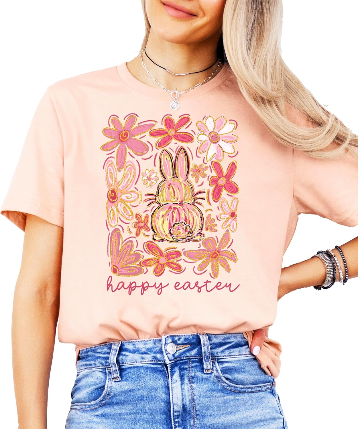 Happy Easter Flower Bunny Shirt for Women Youth and Toddler Girls Girly Matching Easter Tee
