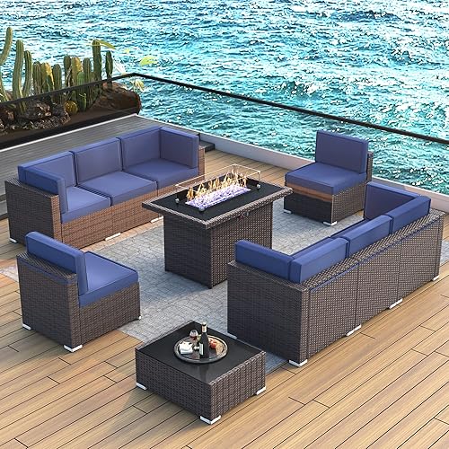 LayinSun 10 Pieces Outdoor Patio Furniture Set with 44" Fire Pit Table Brown Rattan Sectional Sofa Conversation Sets